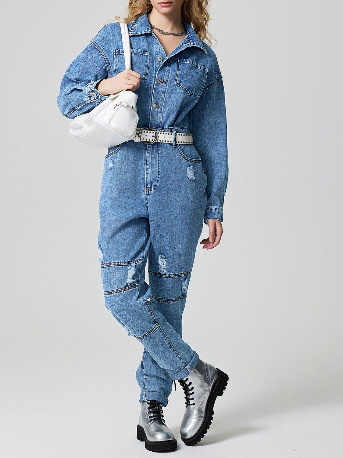 Distressed Button Down Drop Shoulder Denim Jumpsuit - UnLaced Boutique