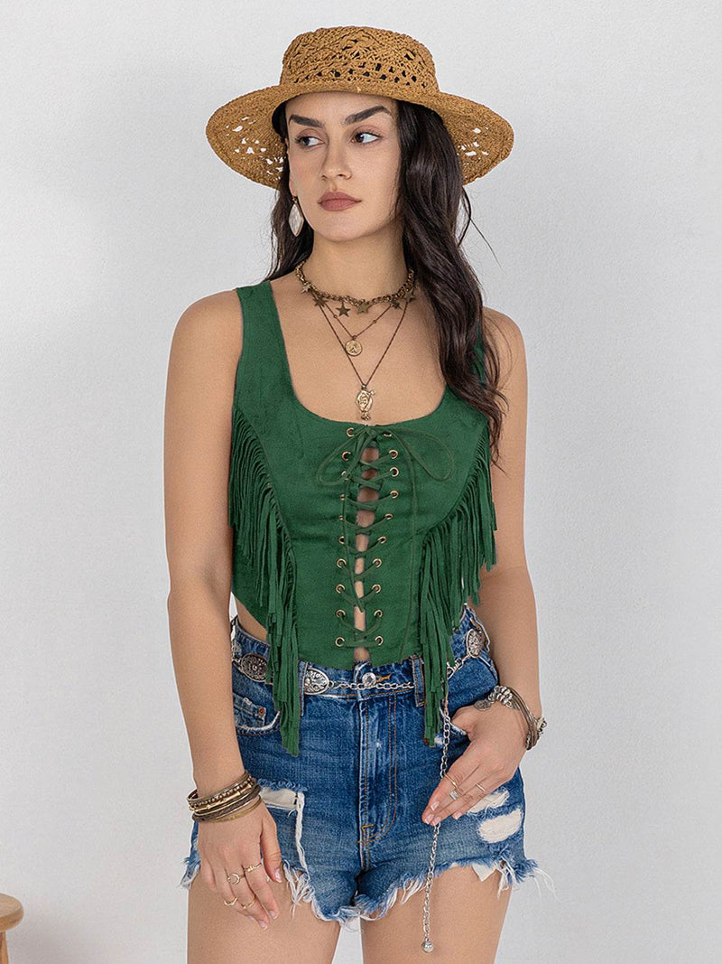Fringe Lace-Up Wide Strap Tank - UnLaced Boutique