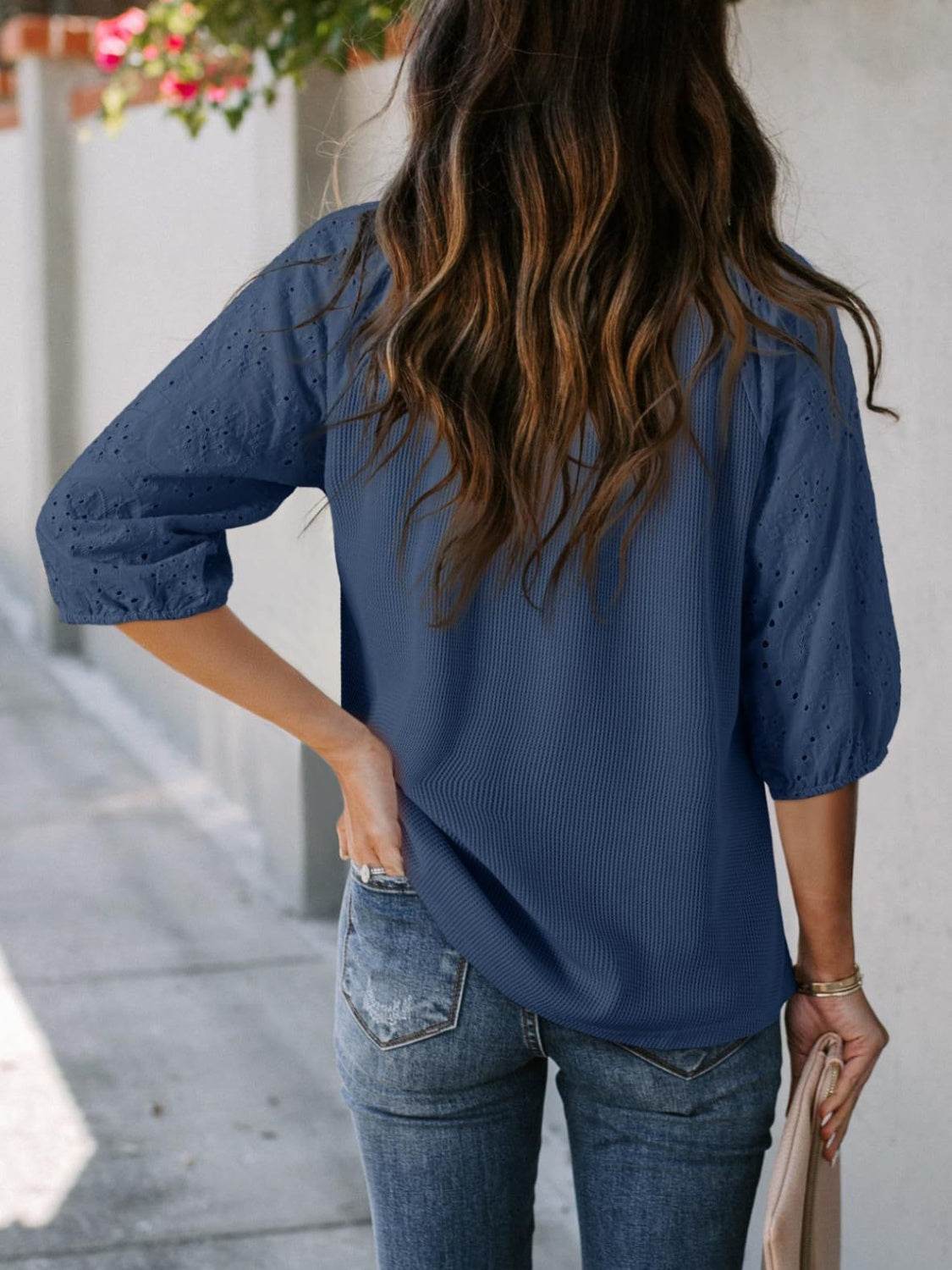 Eyelet Tie Neck Three-Quarter Sleeve Blouse - UnLaced Boutique