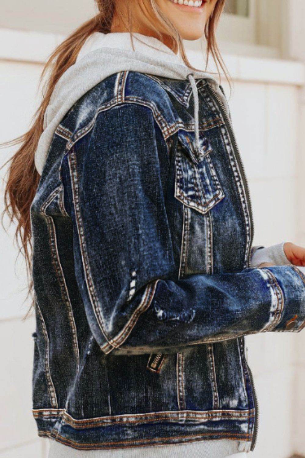 Fake Two-Piece Hooded Zip-Up Denim Jacket - UnLaced Boutique