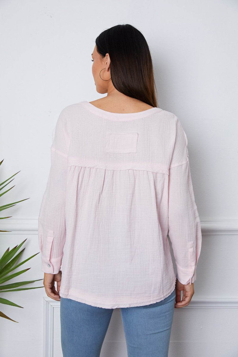 Texture Half Button Raw Hem Top - UnLaced Boutique