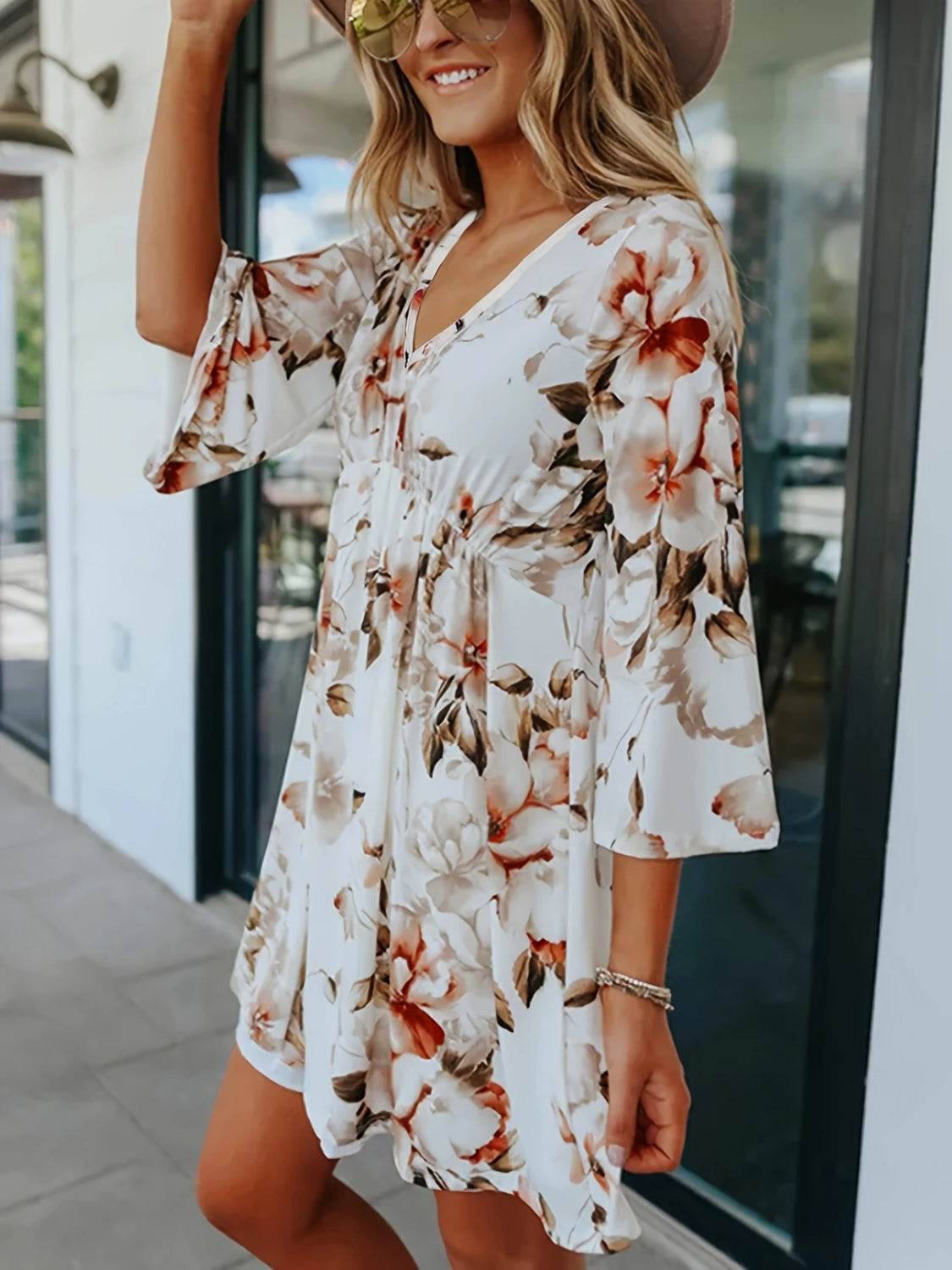 Floral V-Neck Three-Quarter Sleeve Mini Dress - UnLaced Boutique