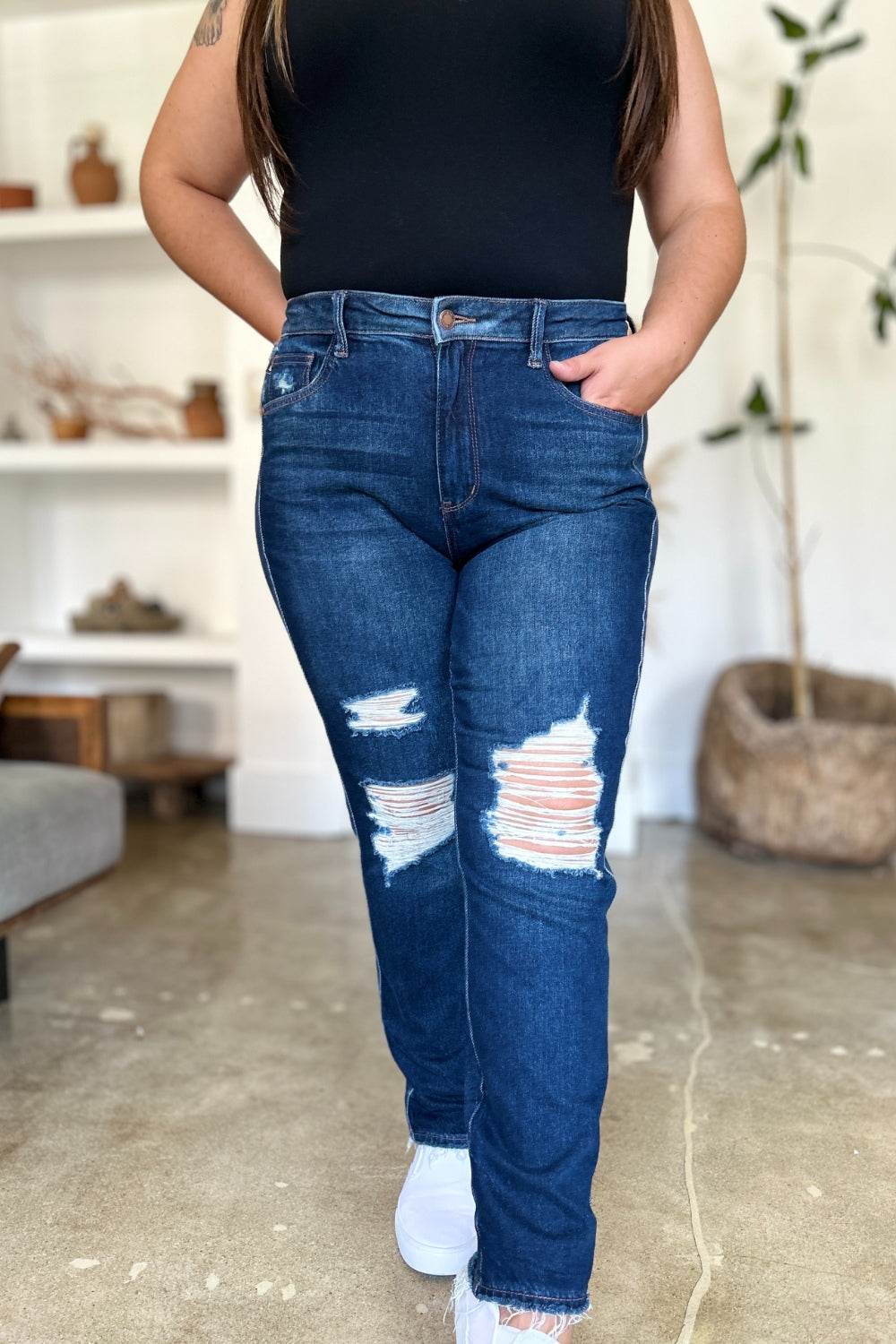 Judy Blue Full Size High Waist Rigid Magic Heavy Destroy Straight Jeans - UnLaced Boutique