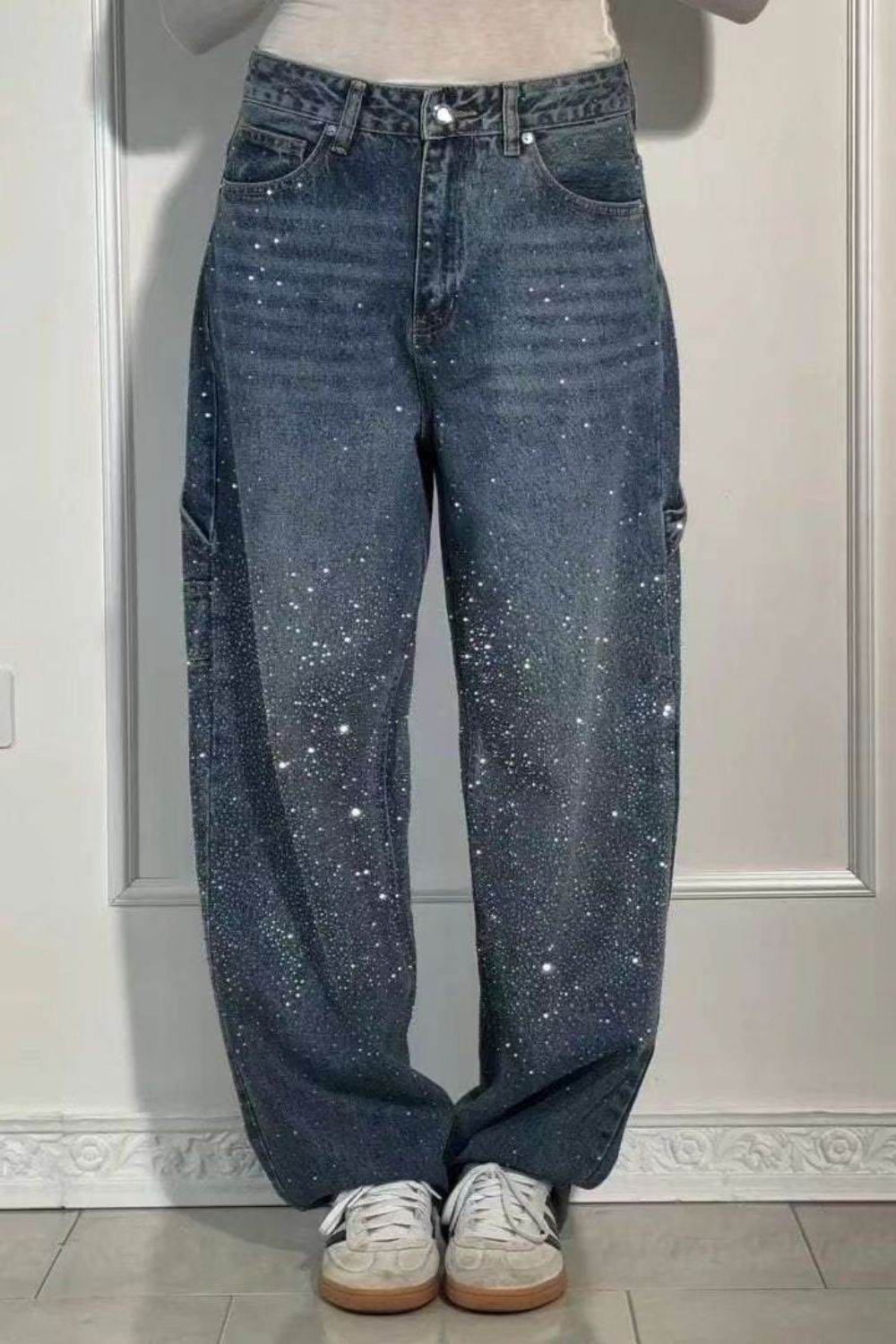 Full Size Washed Rhinestone Detail Wide leg Jeans Plus Size - UnLaced Boutique