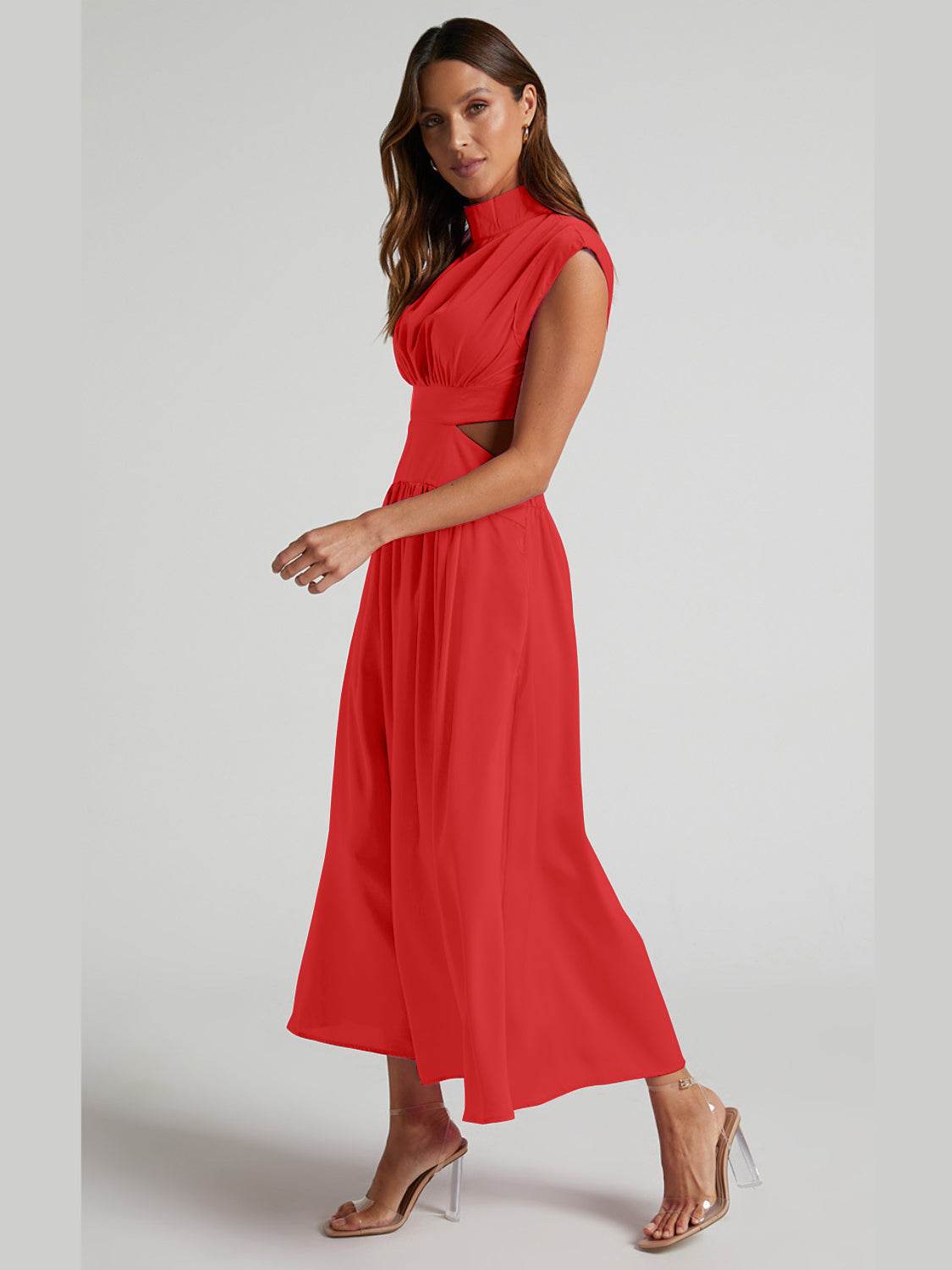 Cutout Mock Neck Sleeveless Ruched Dress - UnLaced Boutique