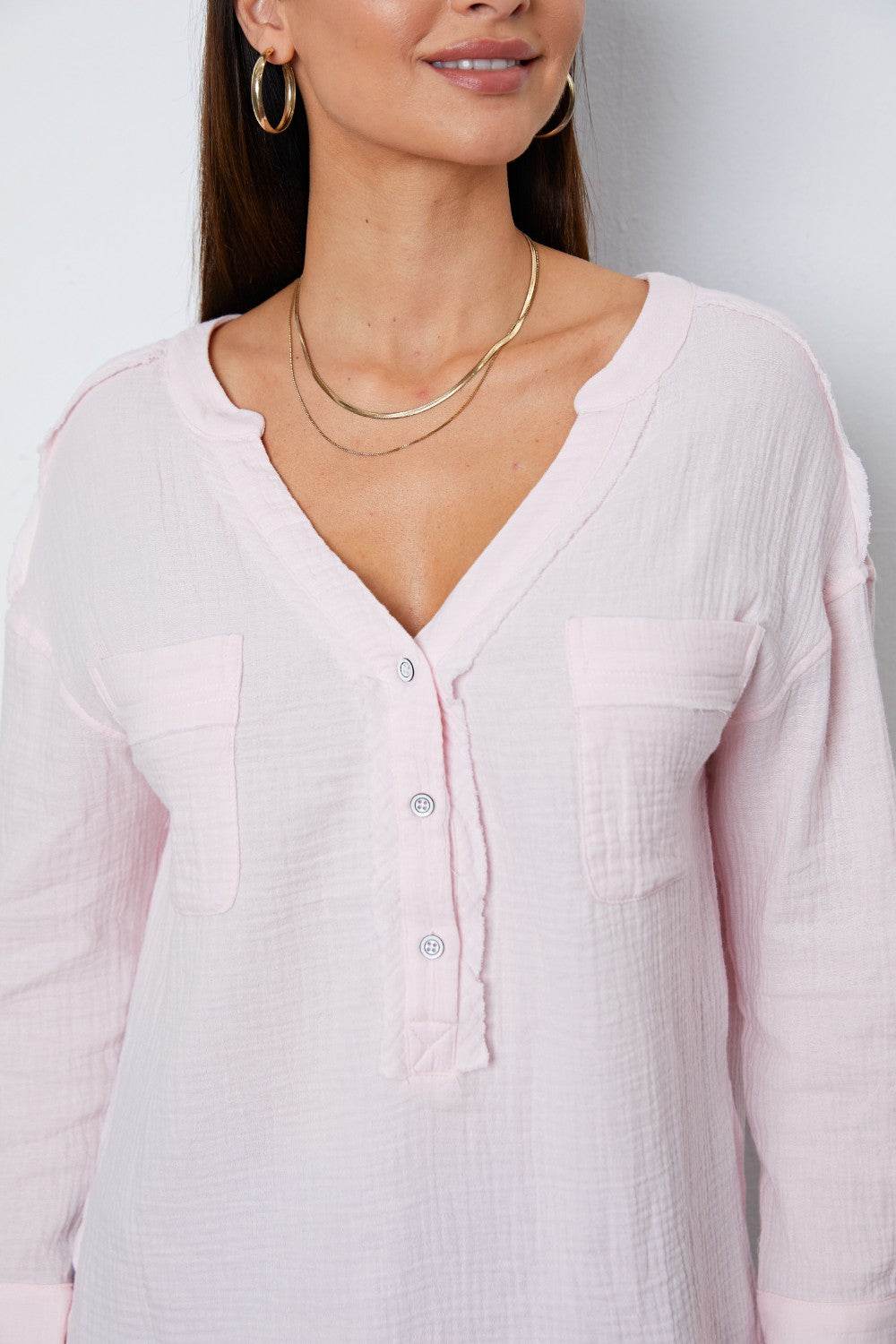 Texture Half Button Raw Hem Top - UnLaced Boutique