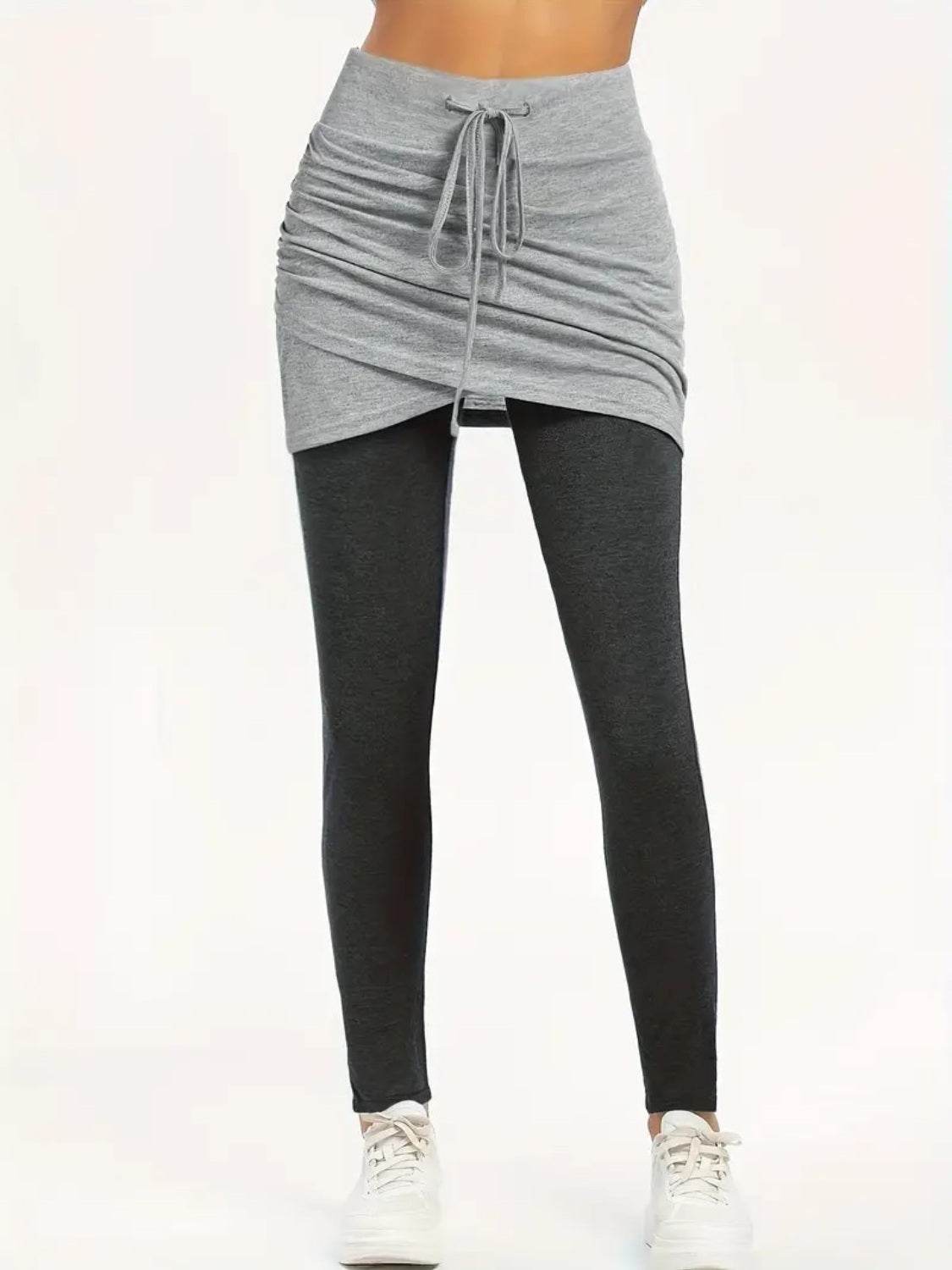 Drawstring Fake Two Pieces Active Leggings with Ruched Skirt - UnLaced Boutique