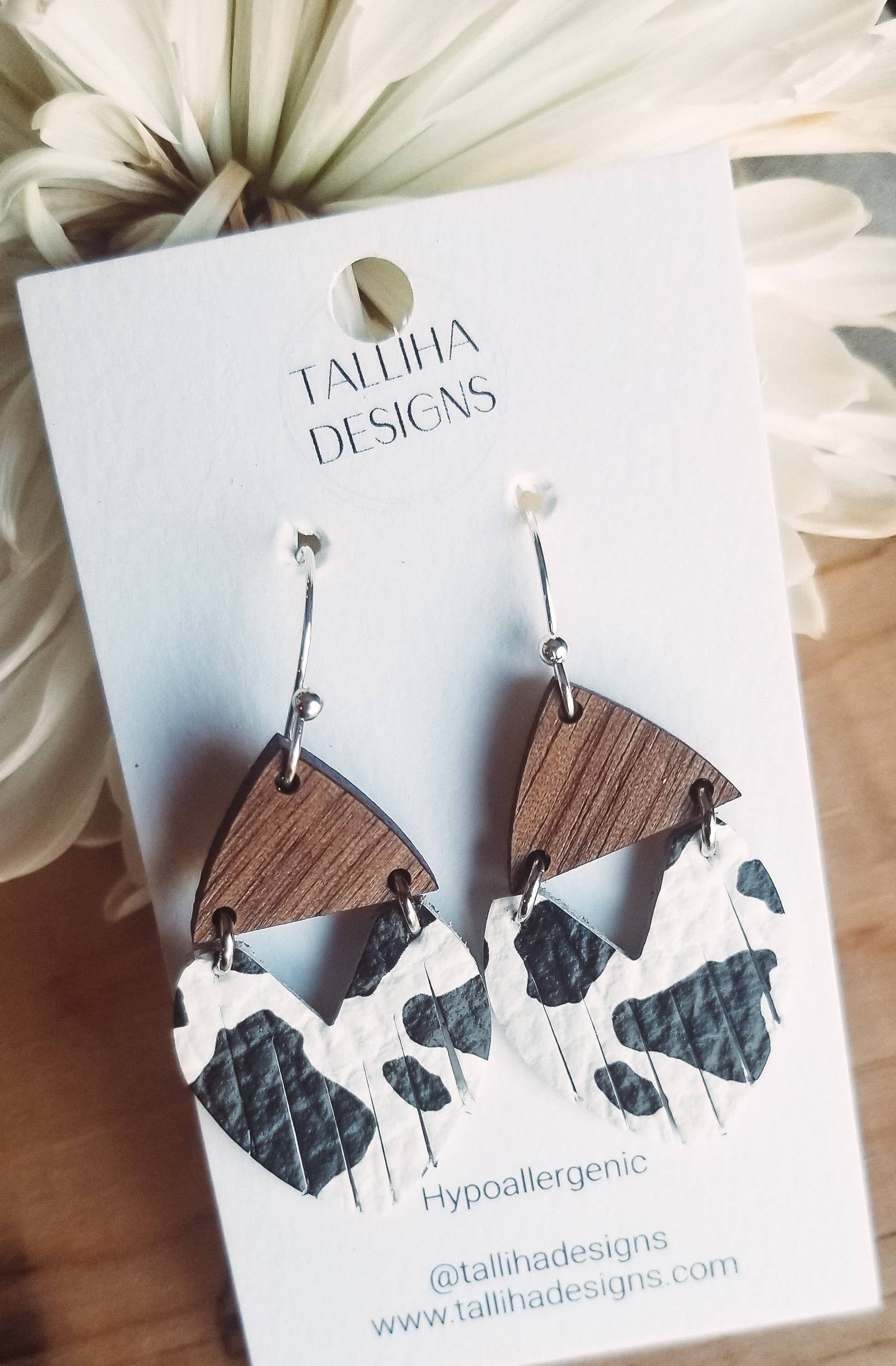 Cow Print Stella Genuine Leather & Wood Earrings