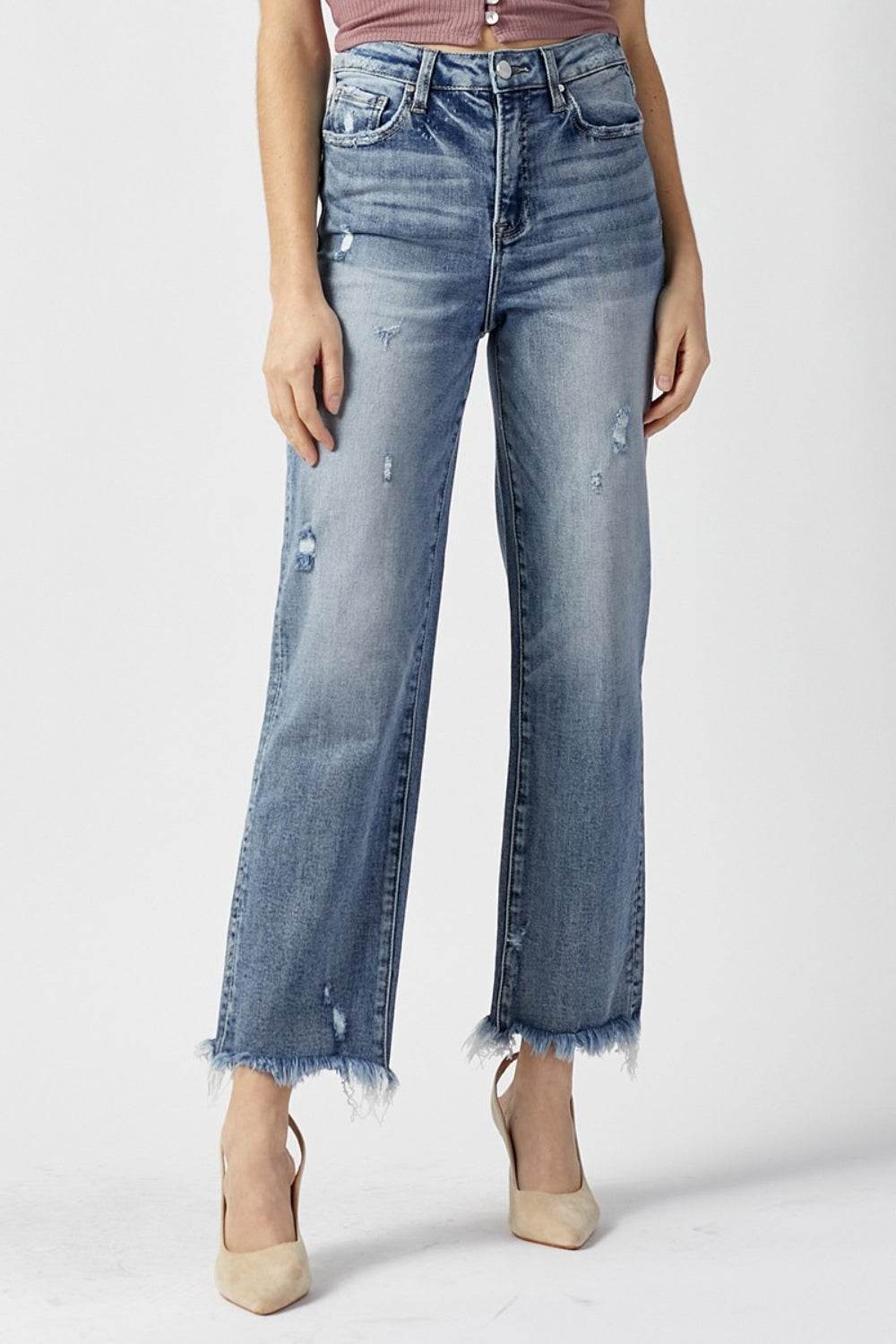 RISEN High Waist Raw Hem Straight Jeans - UnLaced Boutique