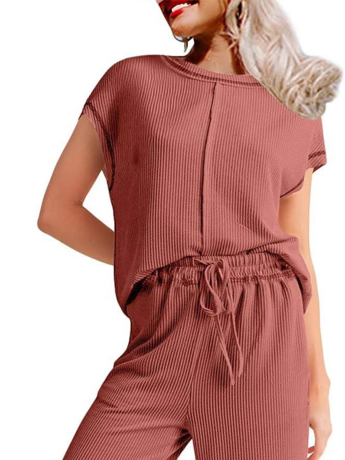 Ribbed Exposed Seam Top and Pants Set - UnLaced Boutique