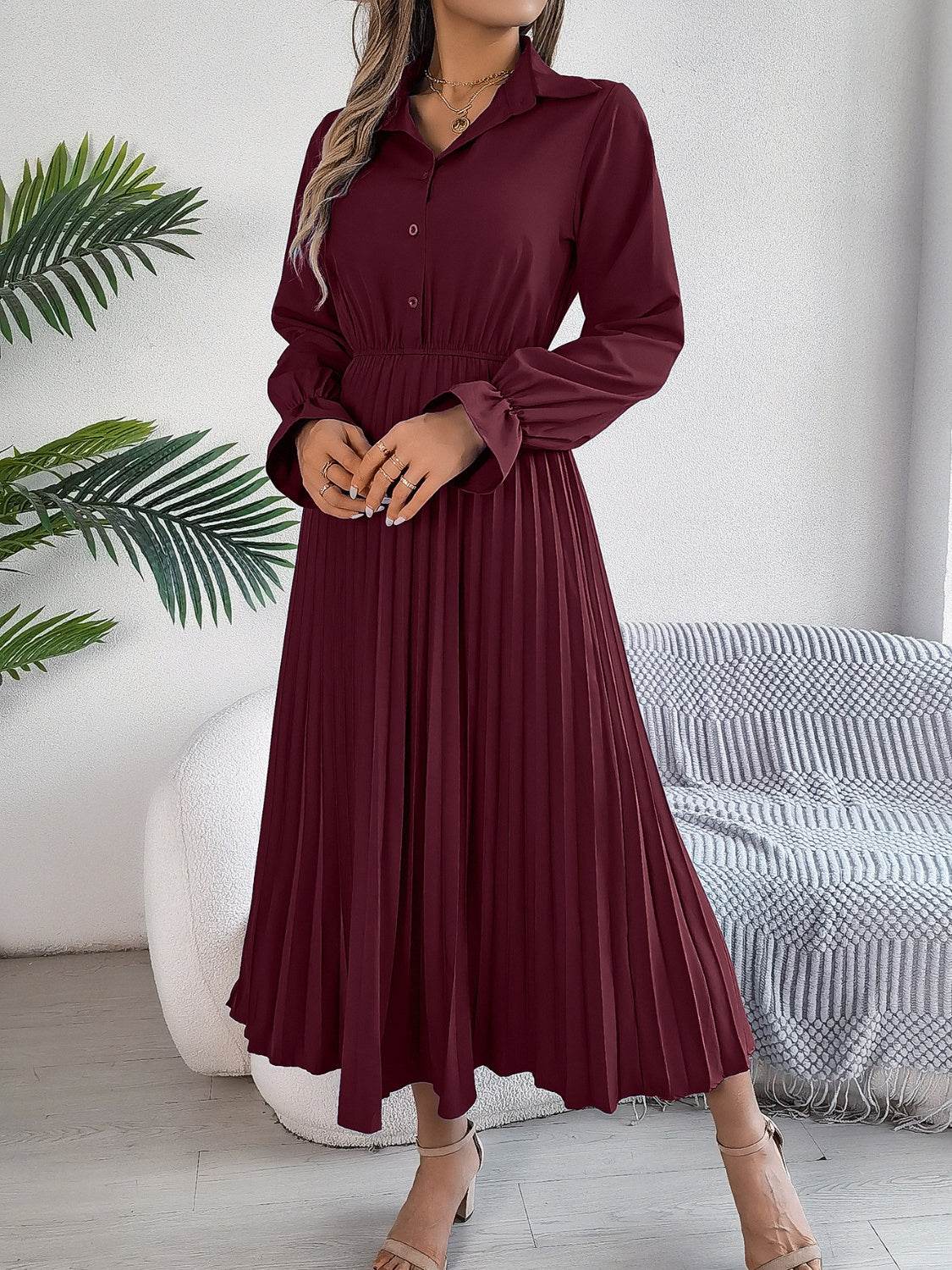 Pleated Half Button Long Sleeve Midi Dress - UnLaced Boutique