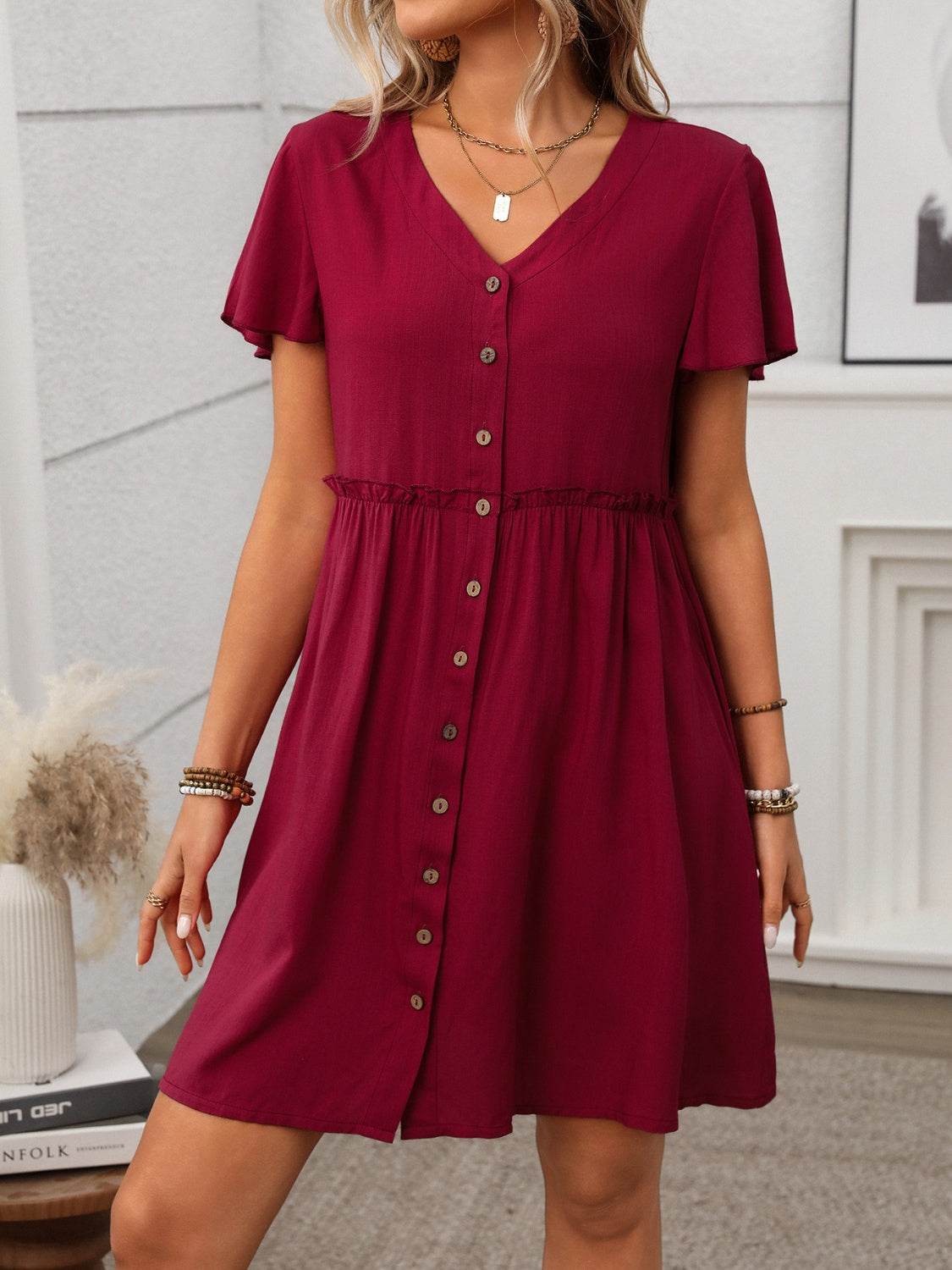 Button Front Flutter Sleeve Dress - UnLaced Boutique