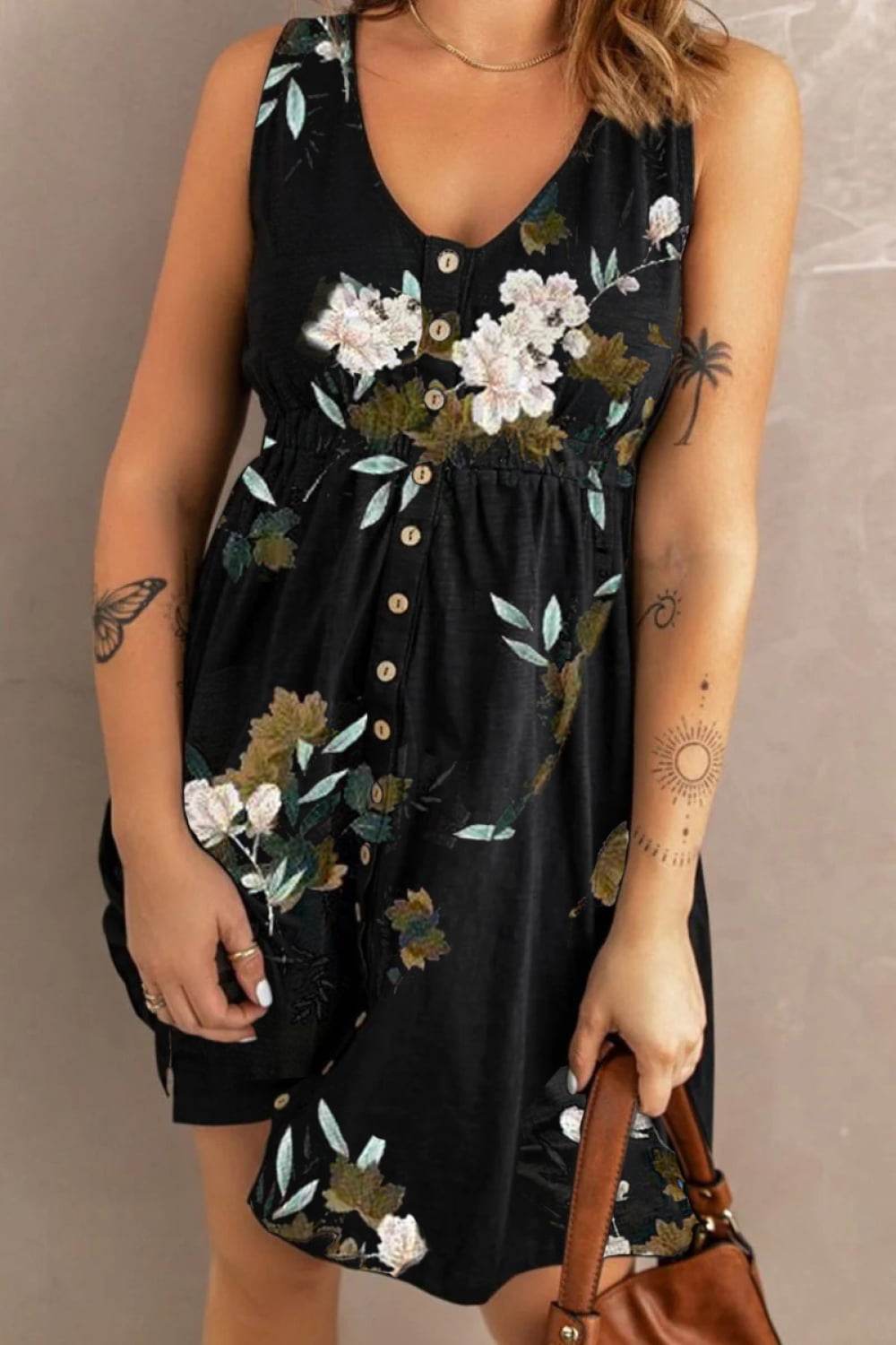 Double Take Printed Scoop Neck Sleeveless Buttoned Magic Dress with Pockets - UnLaced Boutique