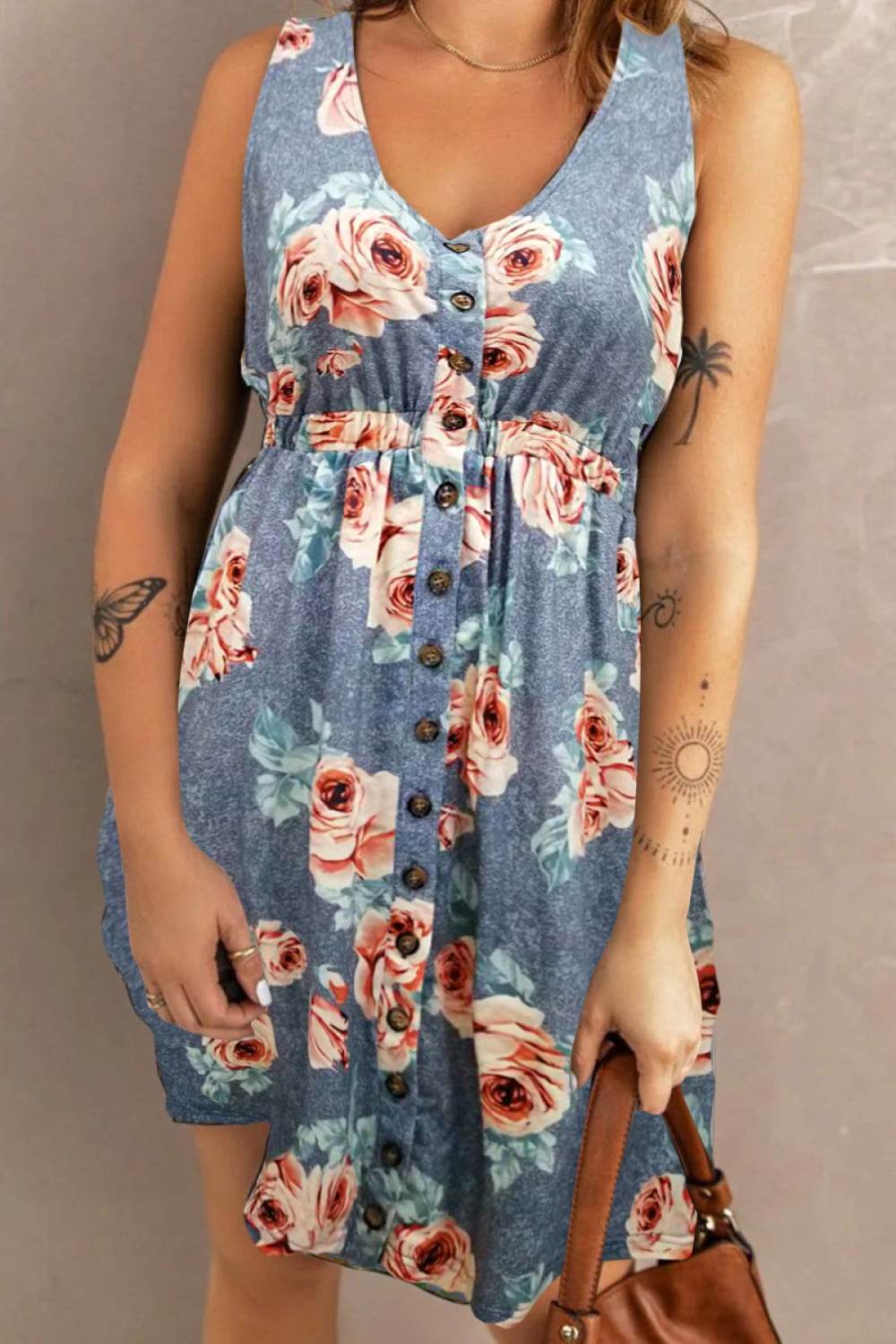 Double Take Printed Scoop Neck Sleeveless Buttoned Magic Dress with Pockets - UnLaced Boutique