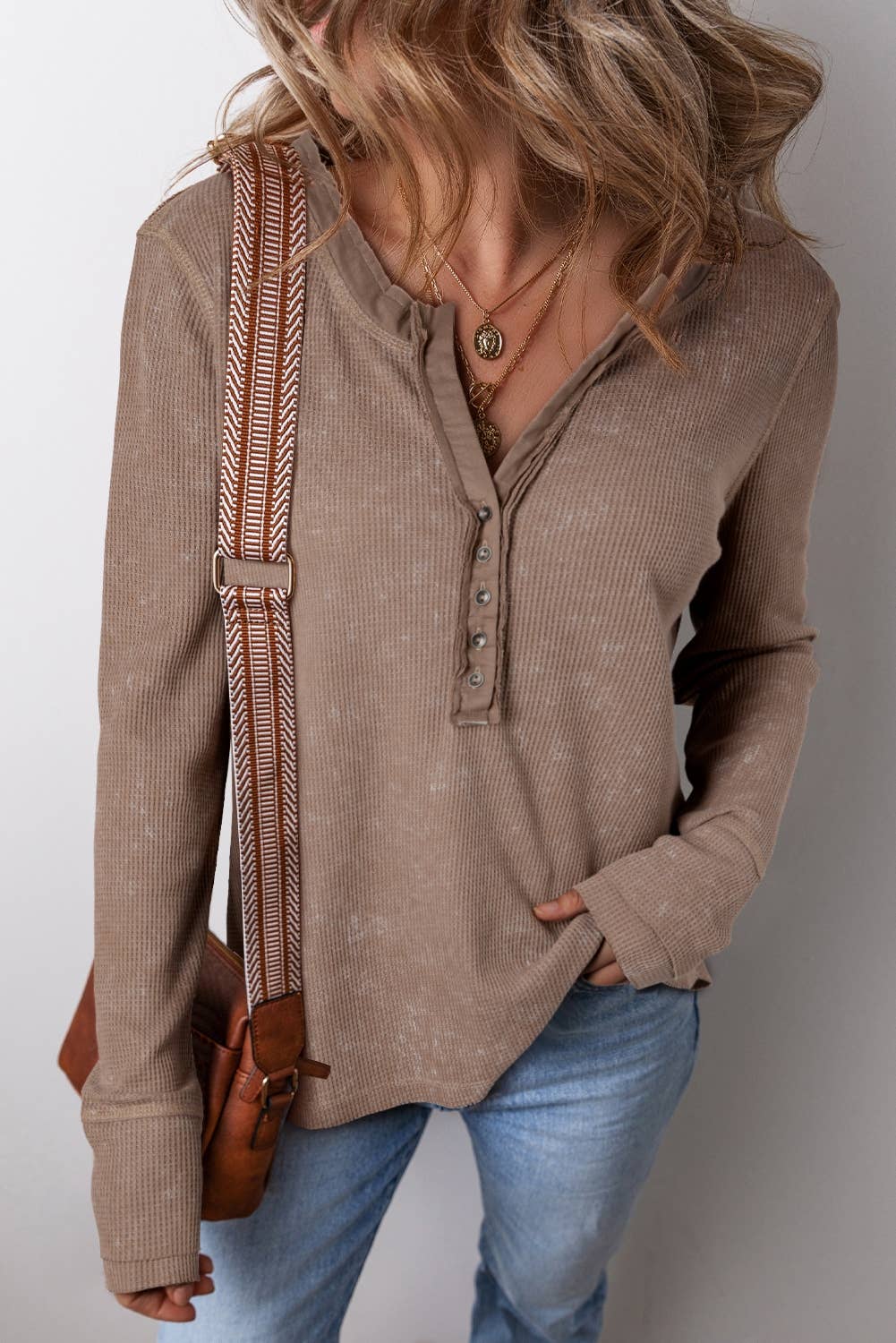 Acid Wash Waffle Knit Buttoned Neckline Long Sleeve Top - UnLaced Boutique