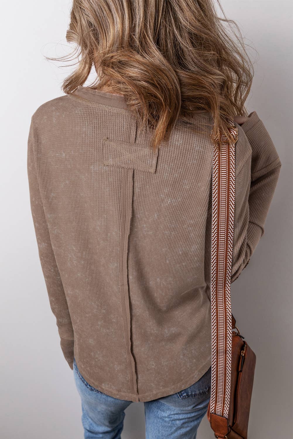 Acid Wash Waffle Knit Buttoned Neckline Long Sleeve Top - UnLaced Boutique