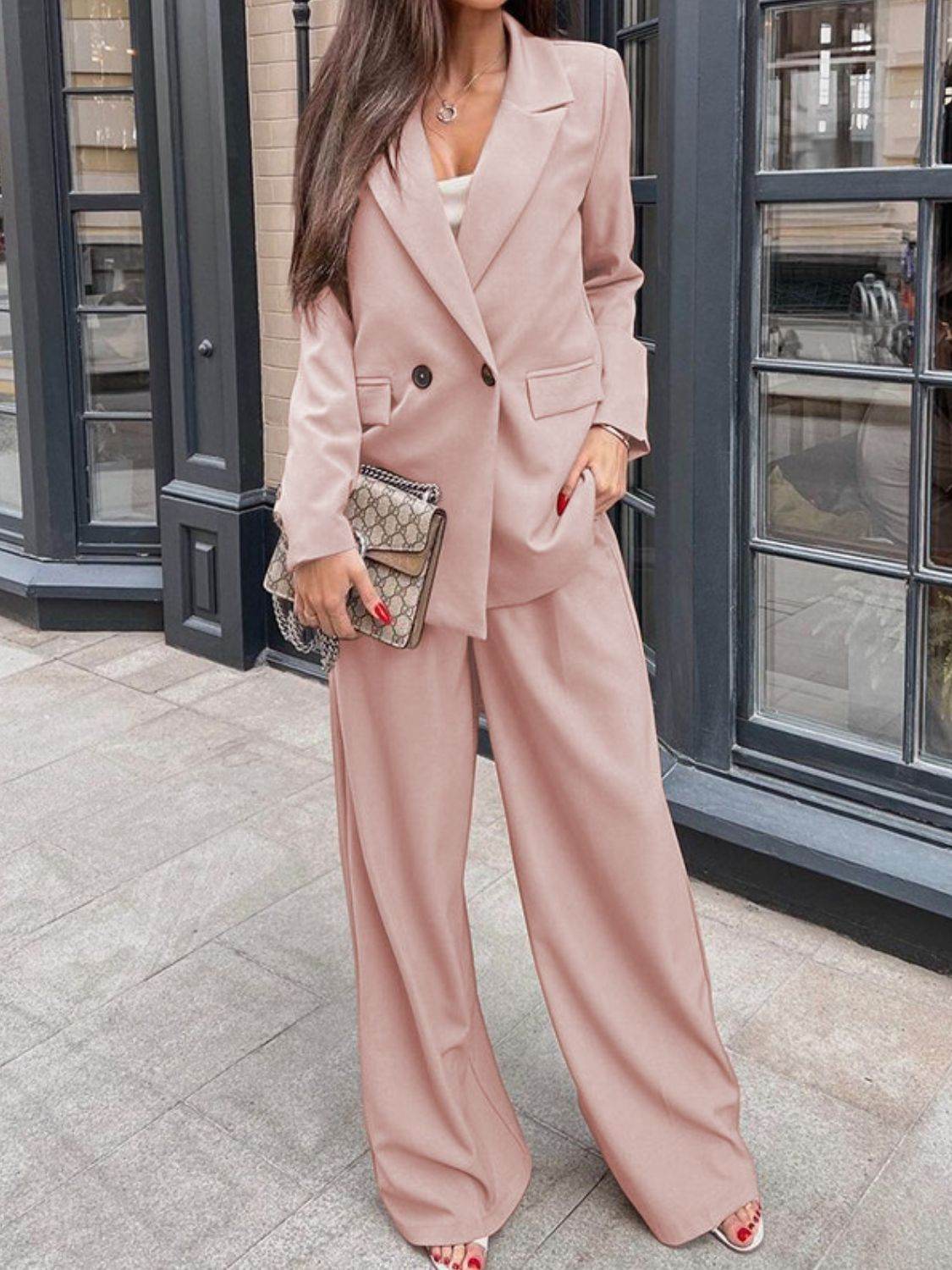 Buttoned Lapel Collar Long Sleeve Blazer and Pants Set - UnLaced Boutique