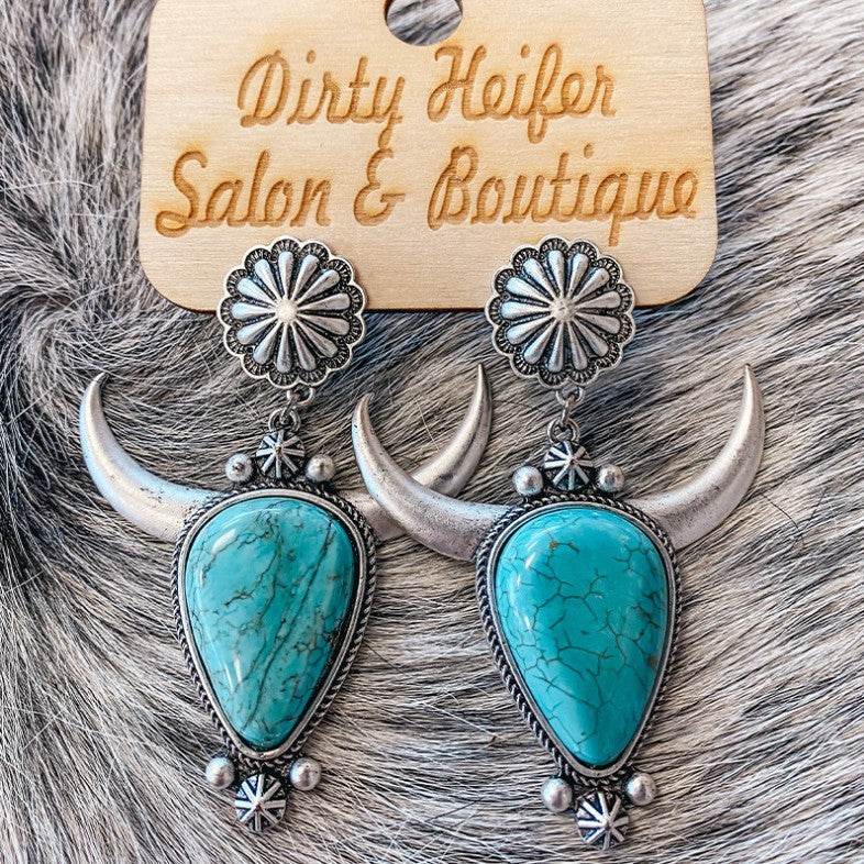 Artificial Turquoise Alloy Cow Head Earrings - UnLaced Boutique