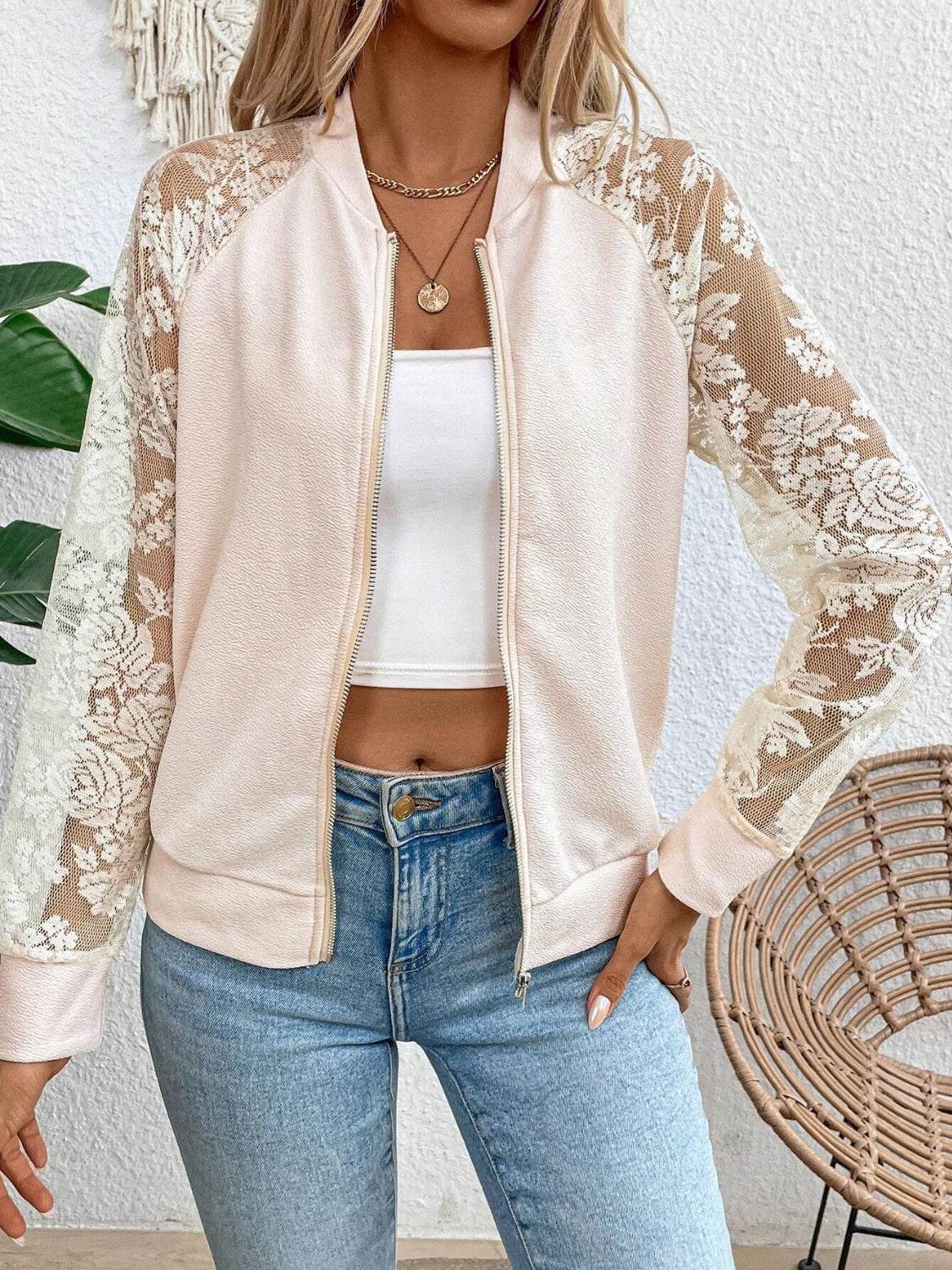 Lace Baseball Collar Zip Up Jacket - UnLaced Boutique