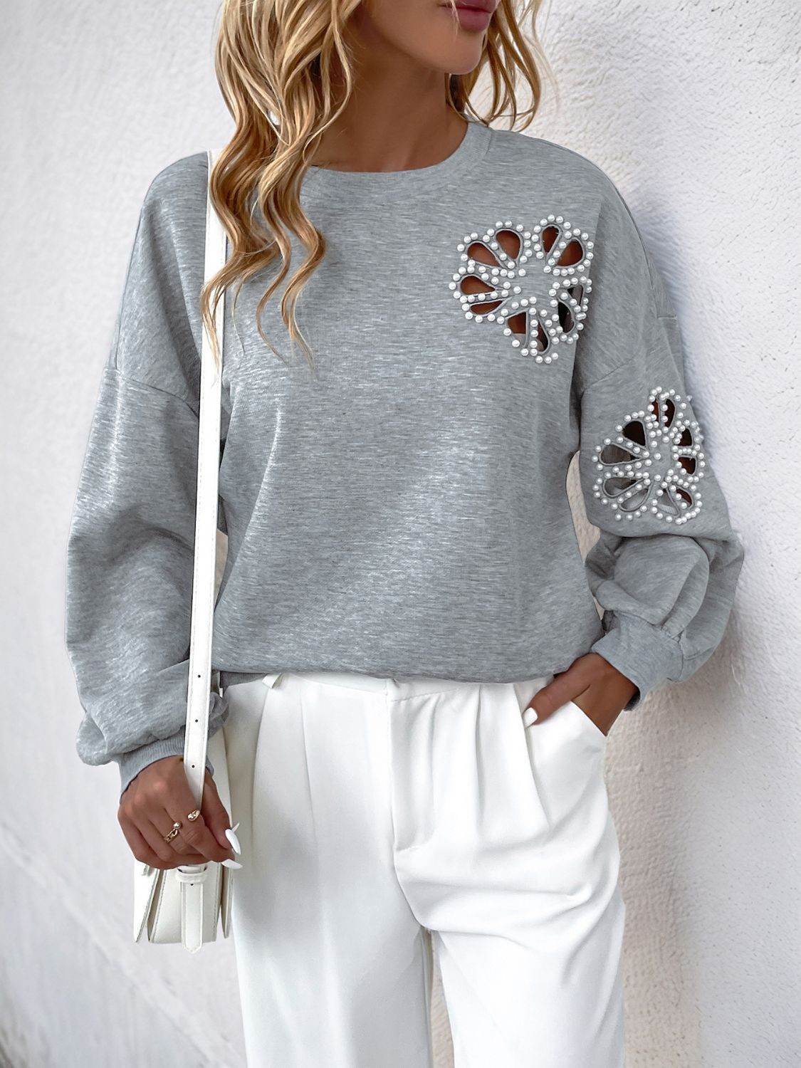 Perfee Cutout Pearl Round Neck Long Sleeve Sweatshirt - UnLaced Boutique