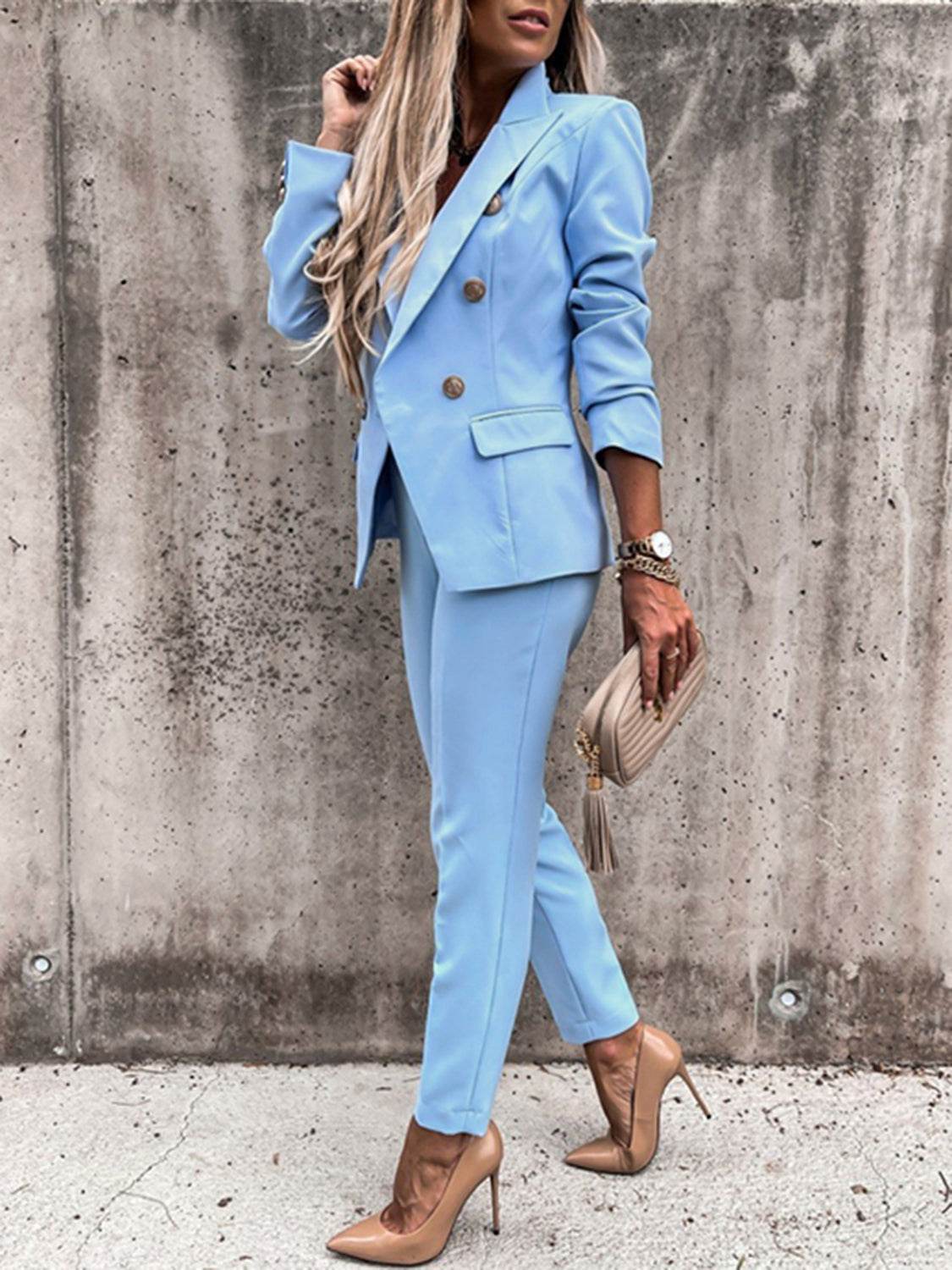 Lapel Collar Long Sleeve Blazer and Pants Set - UnLaced Boutique