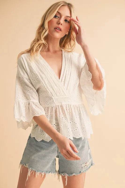 Aemi+Co Flounce Sleeve Eyelet Peplum Top - UnLaced Boutique