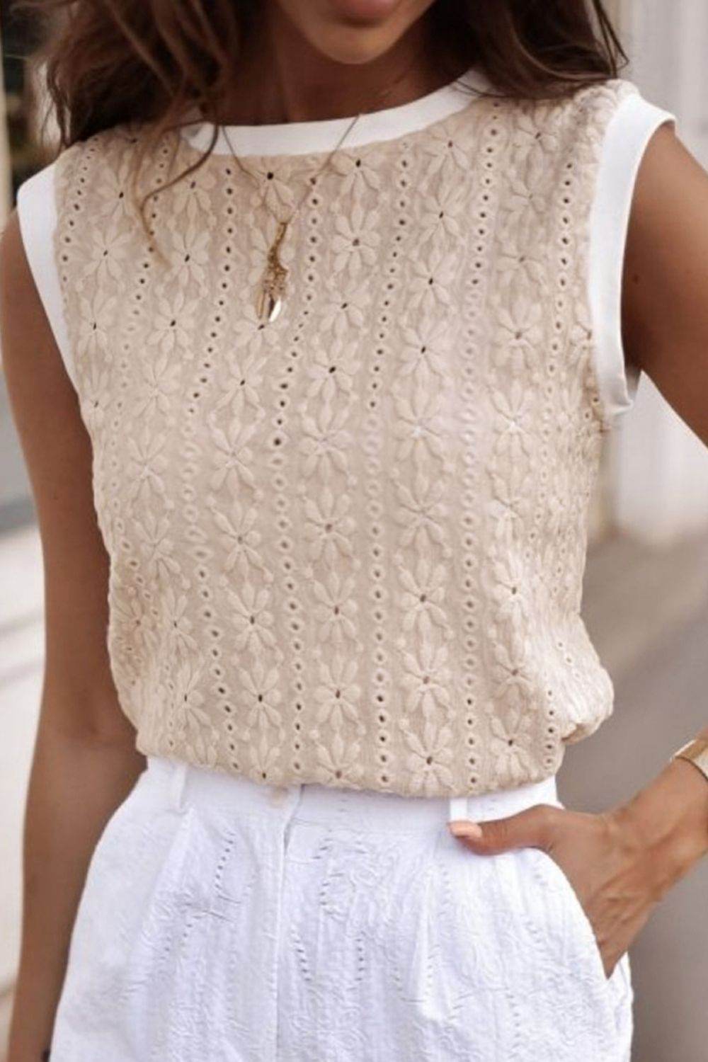 Floral Textured Crew Neck Sleeveless Top - UnLaced Boutique
