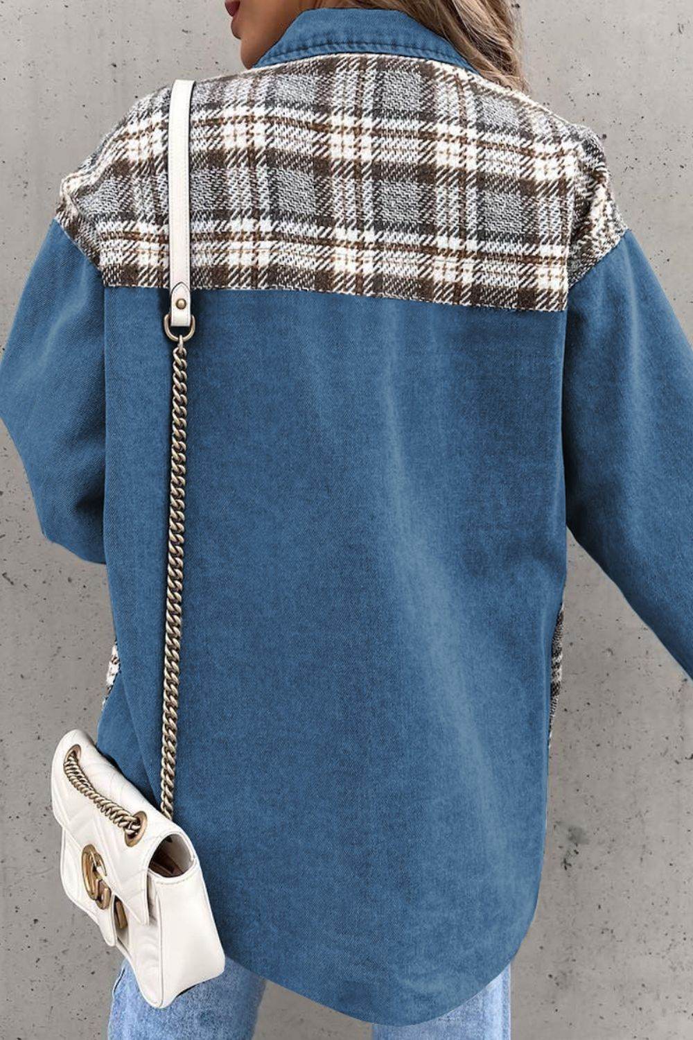 Plaid Pocketed Button Up Denim Jacket - UnLaced Boutique