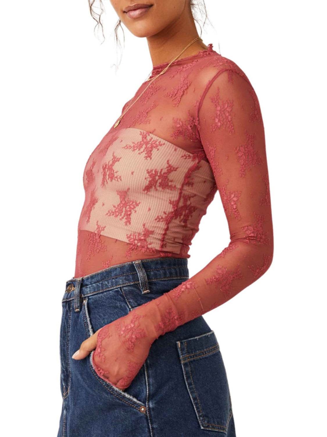 Lace Mock Neck Long Sleeve Blouse - UnLaced Boutique