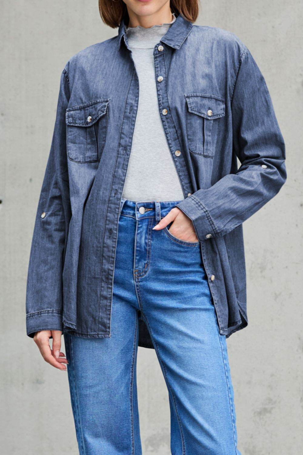 Pocketed Collared Neck Long Sleeve Denim Top - UnLaced Boutique