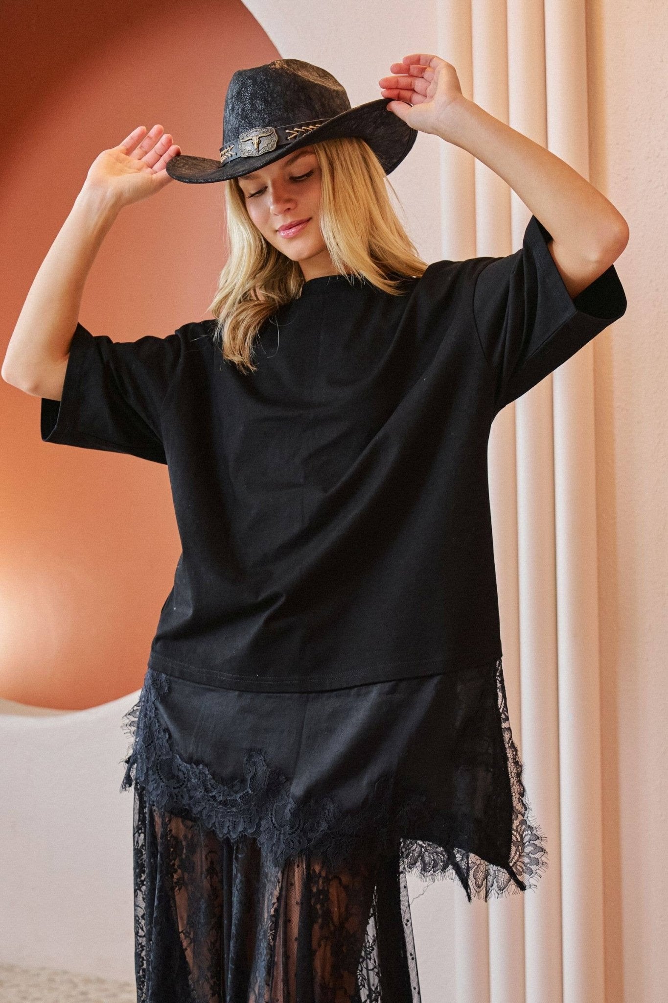 ASYMMETRIC LACE TRIM OVERSIZED TEE - UnLaced Boutique