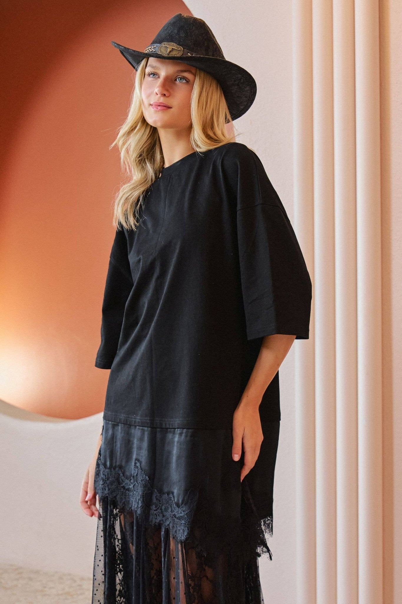 ASYMMETRIC LACE TRIM OVERSIZED TEE - UnLaced Boutique