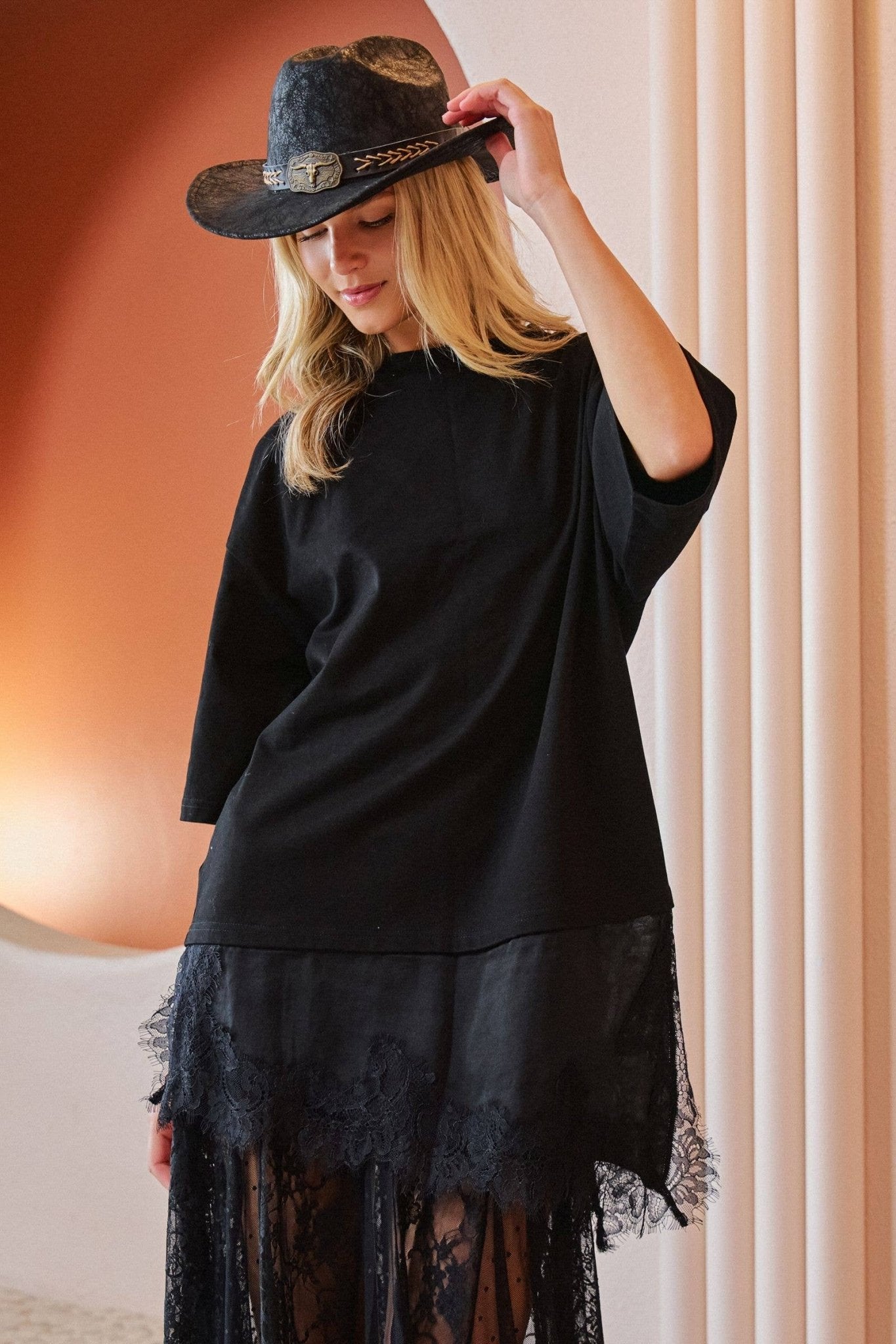 ASYMMETRIC LACE TRIM OVERSIZED TEE - UnLaced Boutique