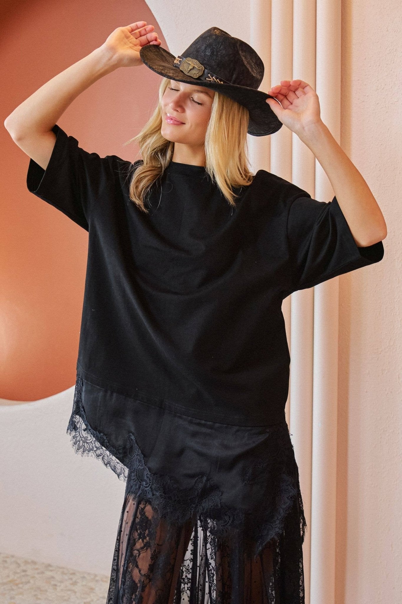 ASYMMETRIC LACE TRIM OVERSIZED TEE - UnLaced Boutique