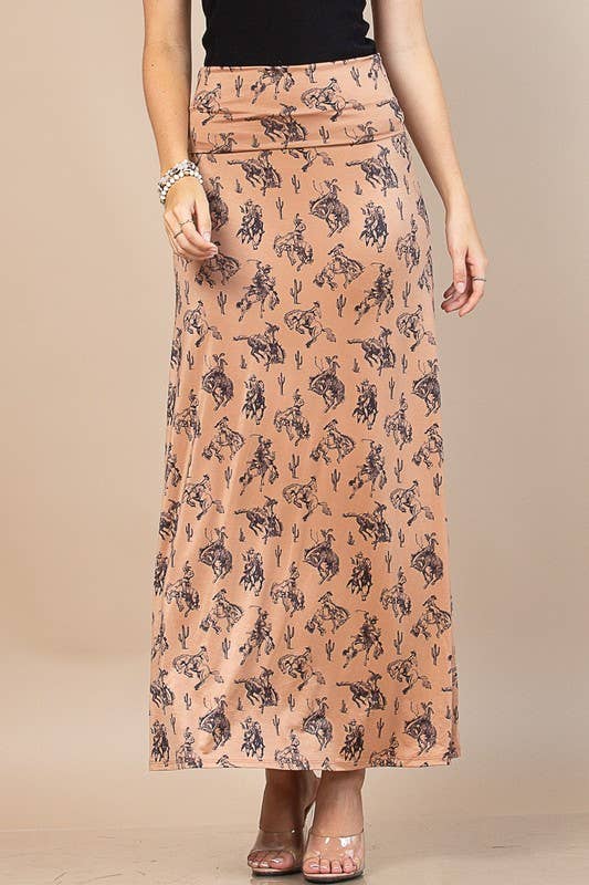 AV1244 - BELLA WESTERN BUCKING HORSES PRINT KNIT MAXI SKIRT - UnLaced Boutique