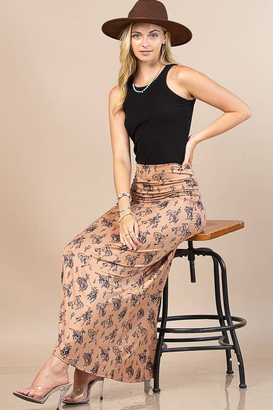 AV1244 - BELLA WESTERN BUCKING HORSES PRINT KNIT MAXI SKIRT - UnLaced Boutique