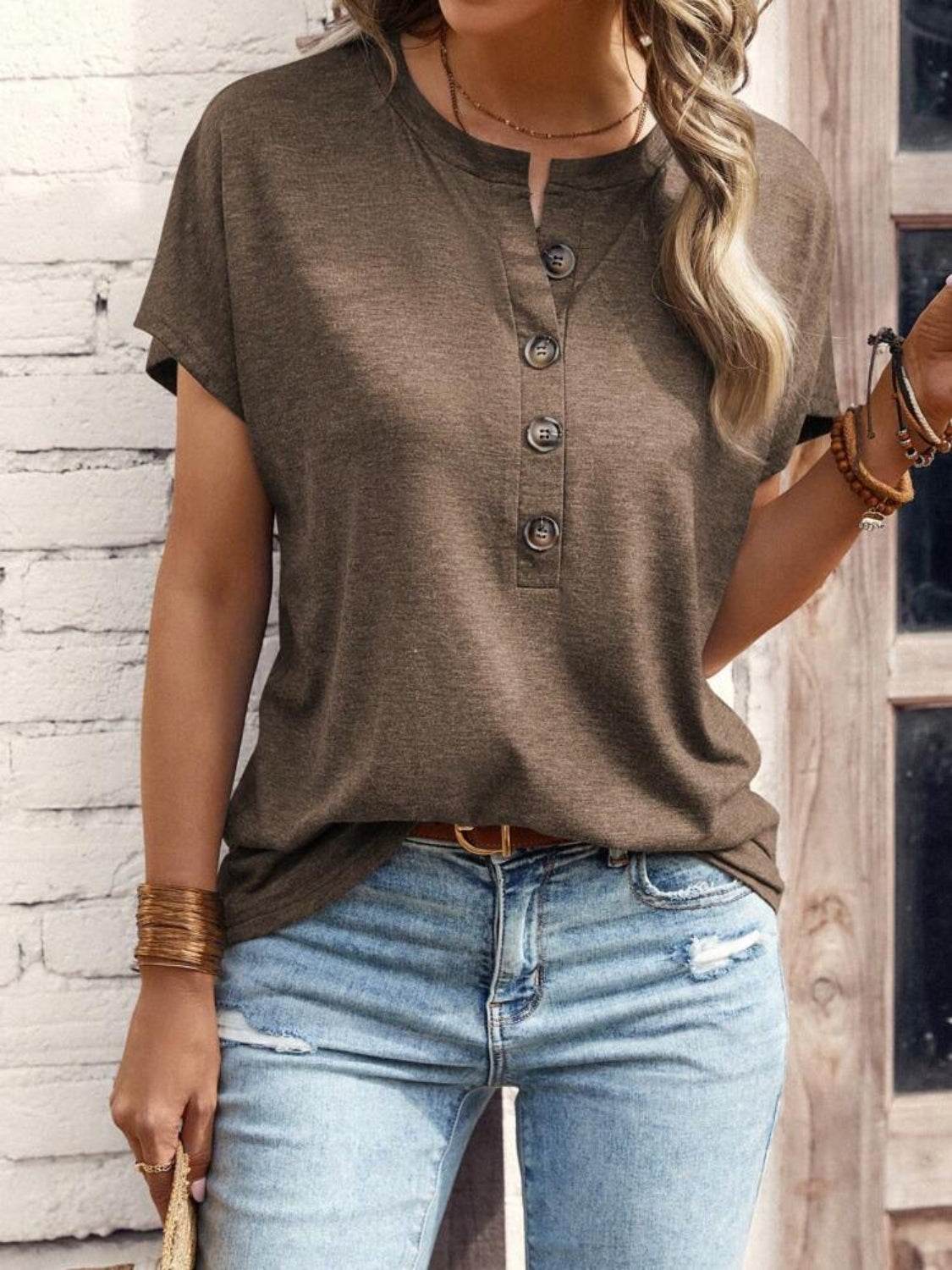 Half Button Short Sleeve Top - UnLaced Boutique