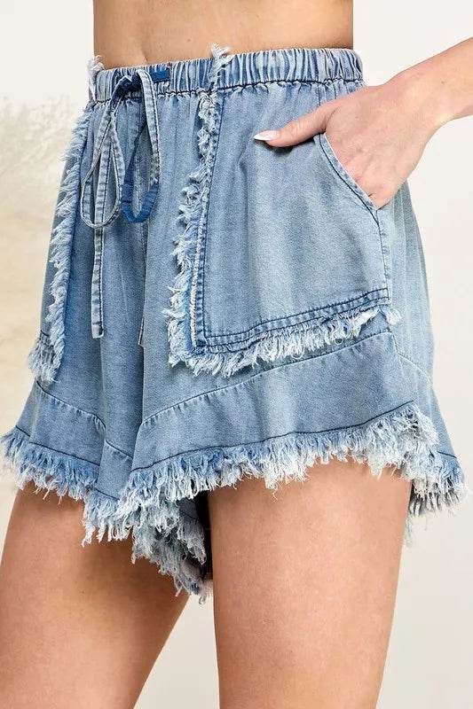 SAGE+FIG Frayed Drawstring Denim Shorts - UnLaced Boutique