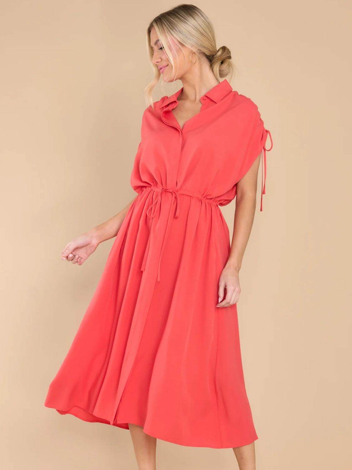 Drawstring Collared Neck Short Sleeve Midi Dress - UnLaced Boutique