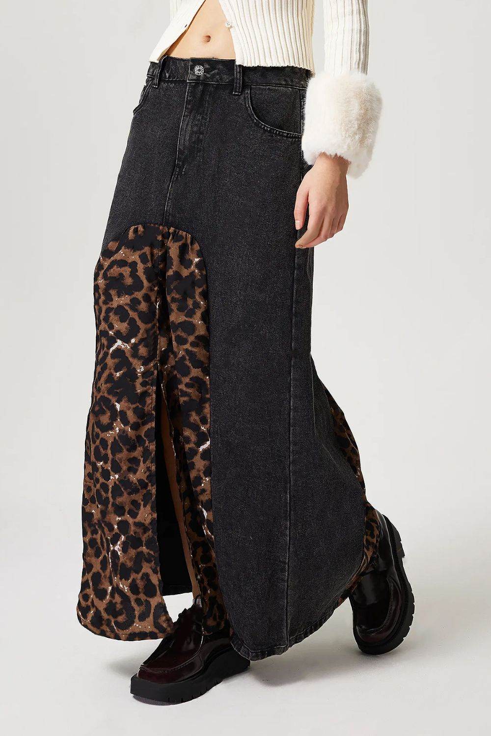 Slit Leopard Midi Denim Skirt - UnLaced Boutique
