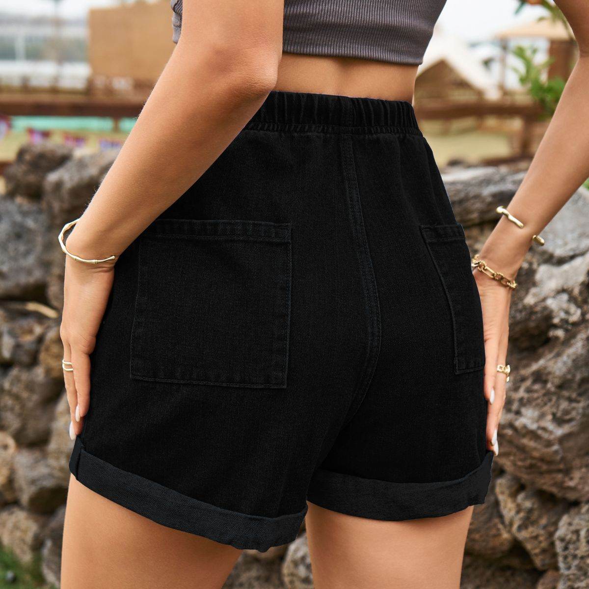 Drawstring High Waist Denim Shorts with Pockets - UnLaced Boutique
