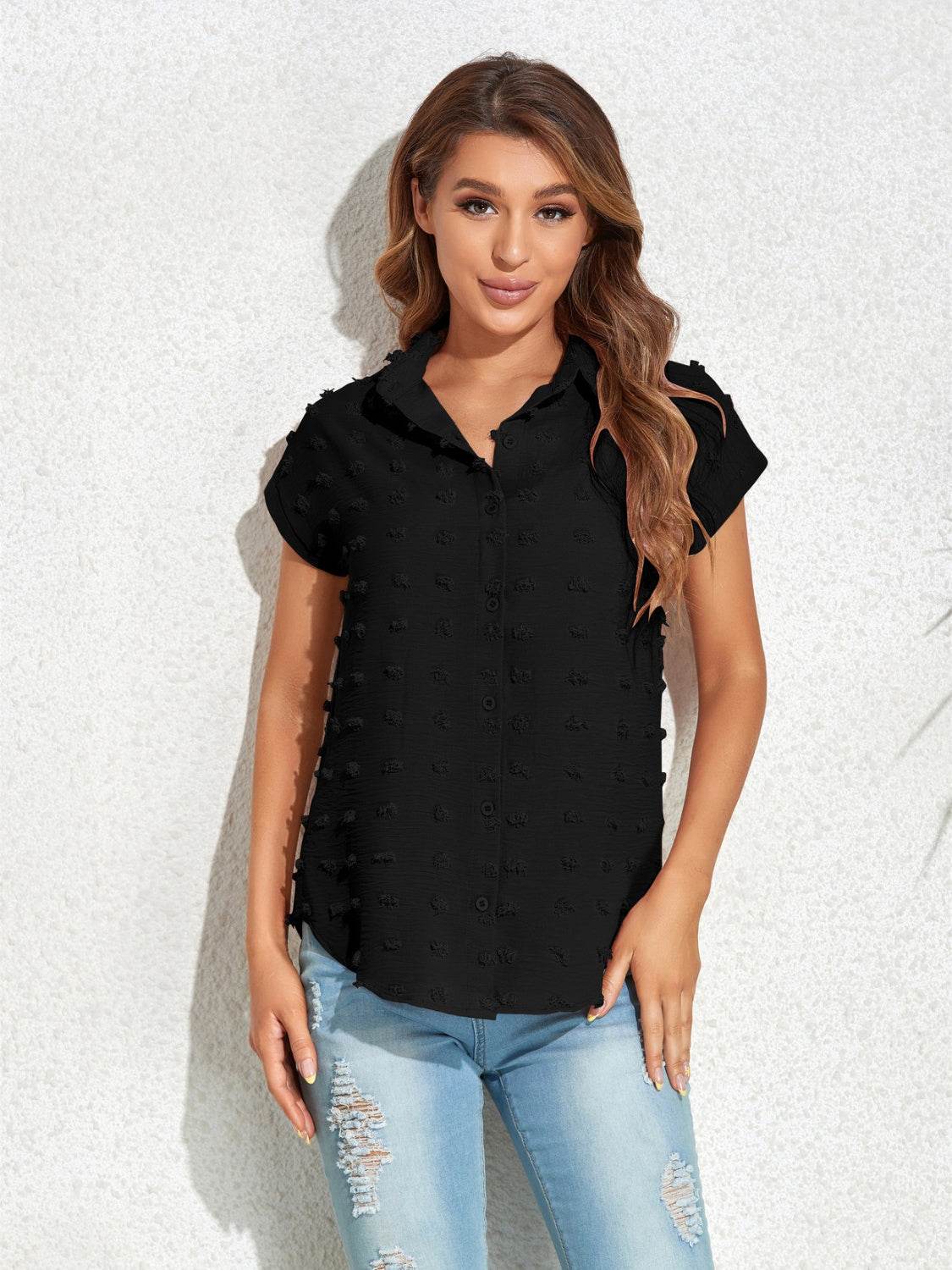 Swiss Dot Button Up Cap Sleeve Shirt - UnLaced Boutique