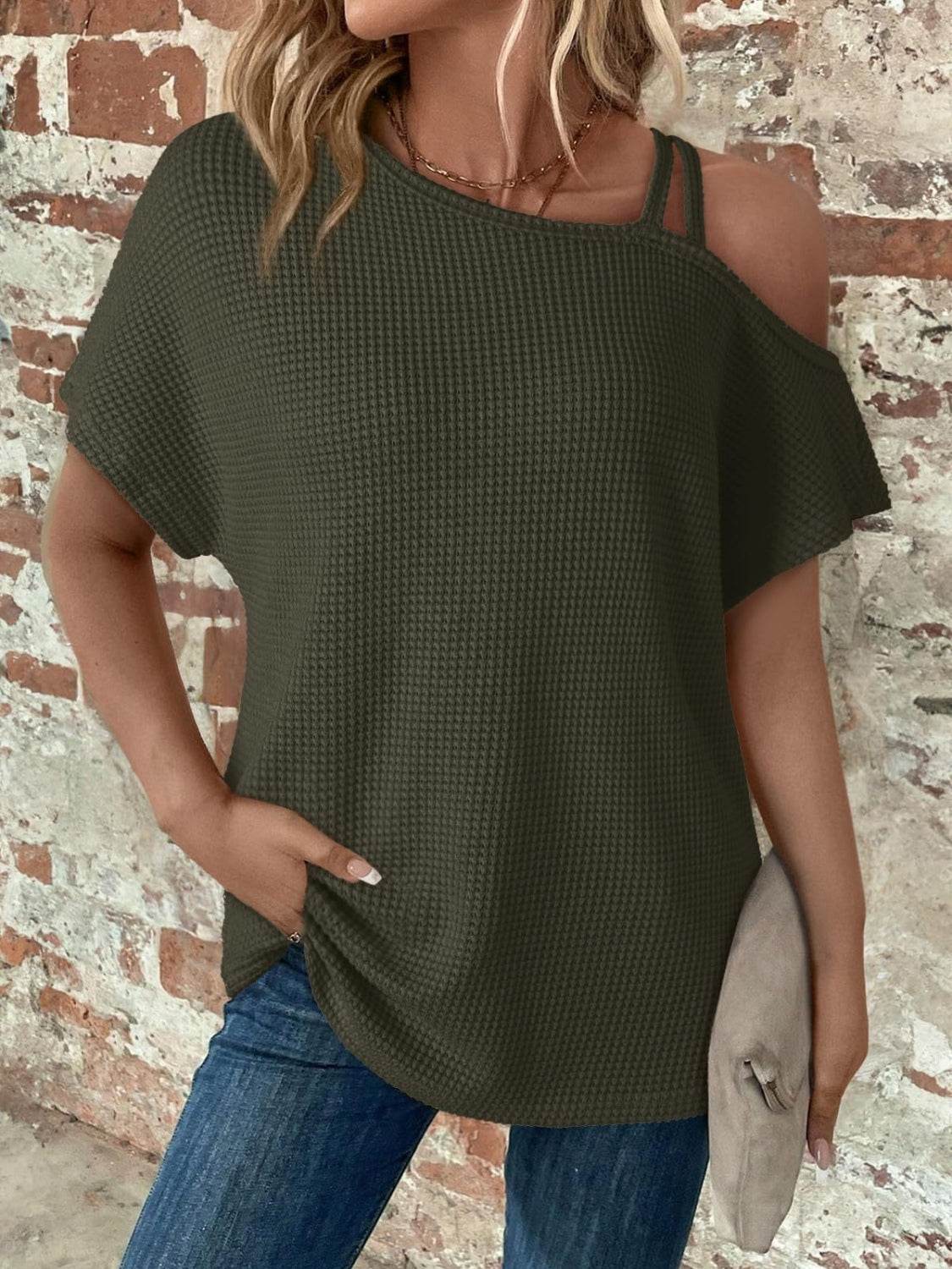 Asymmetrical Neck Short Sleeve T-Shirt - UnLaced Boutique