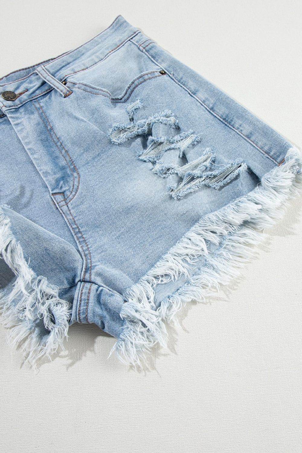 Distressed Raw Hem High Waist Denim Shorts - UnLaced Boutique