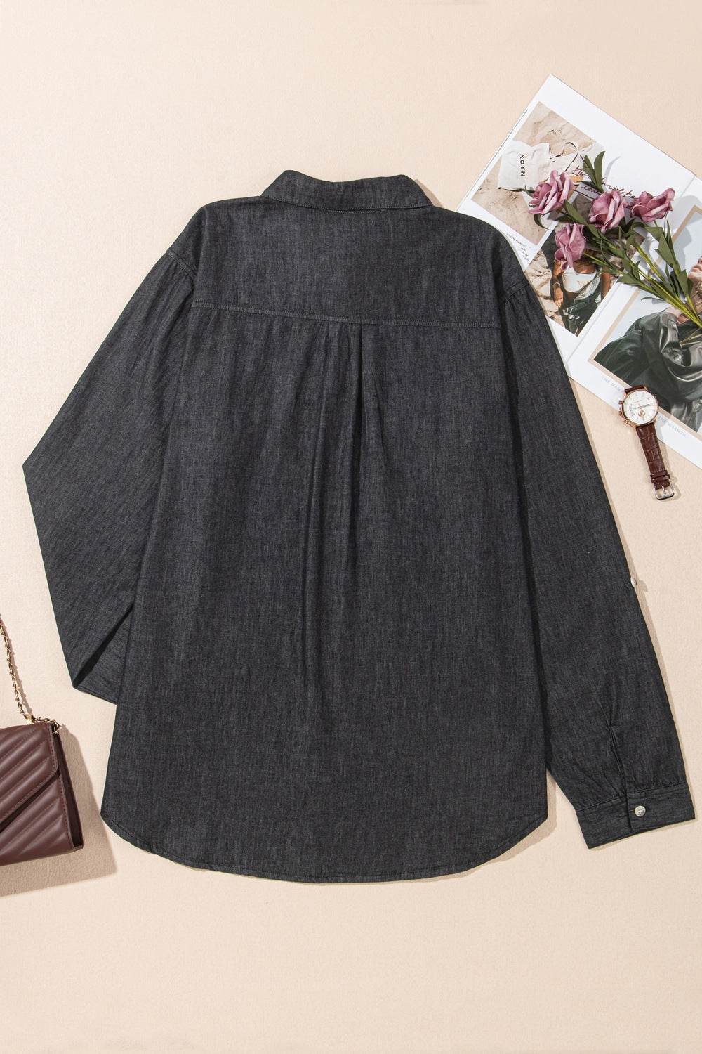 Pocketed Collared Neck Long Sleeve Denim Top - UnLaced Boutique