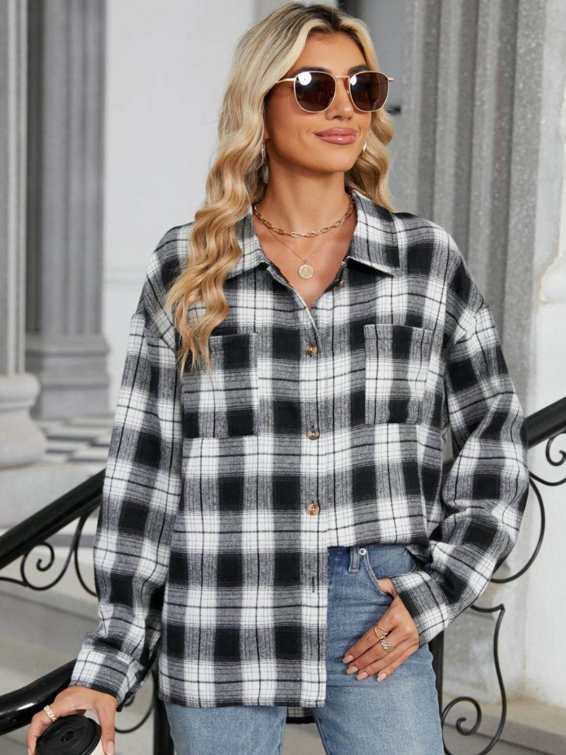 Plaid Collared Neck Long Sleeve Shirt - UnLaced Boutique