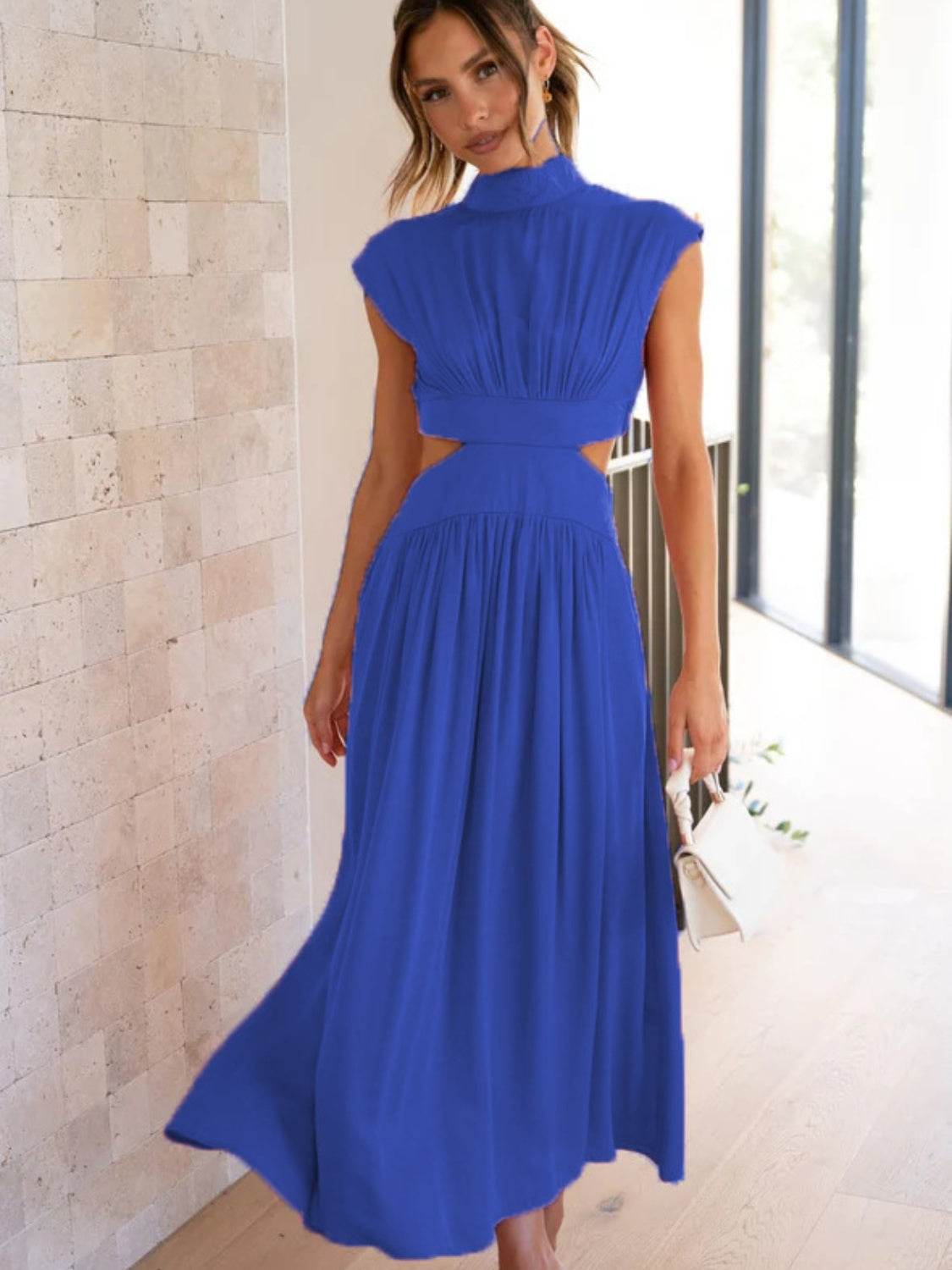 Cutout Mock Neck Sleeveless Ruched Dress - UnLaced Boutique