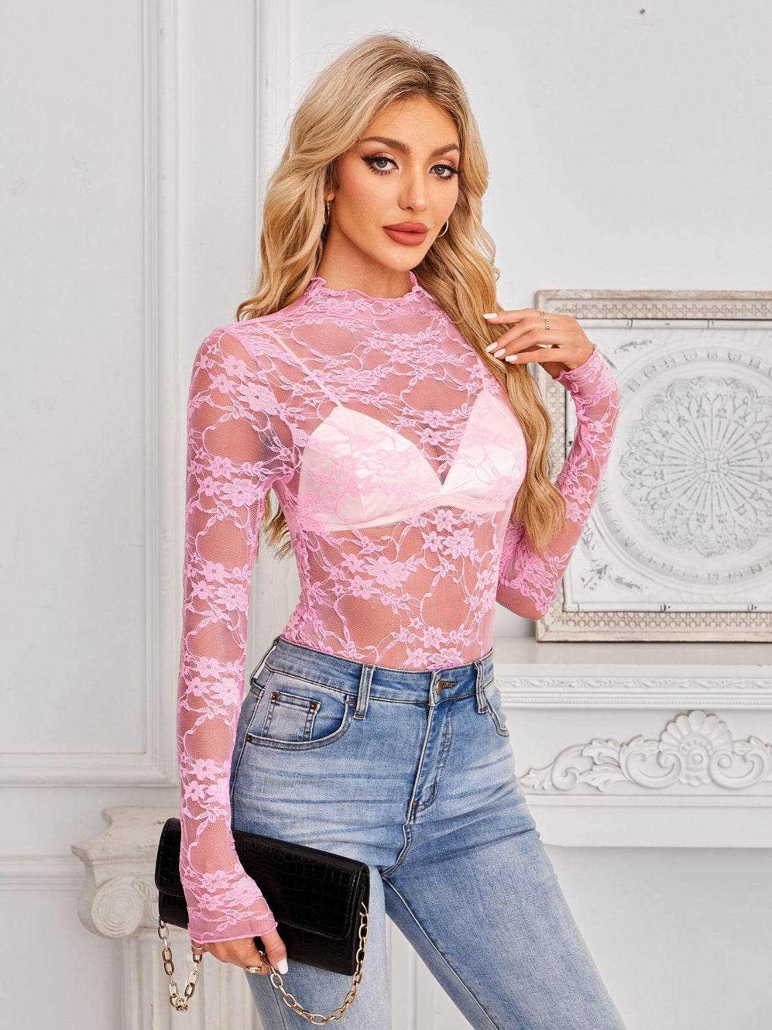 Mock Neck Long Sleeve Lace Sheer Top - UnLaced Boutique