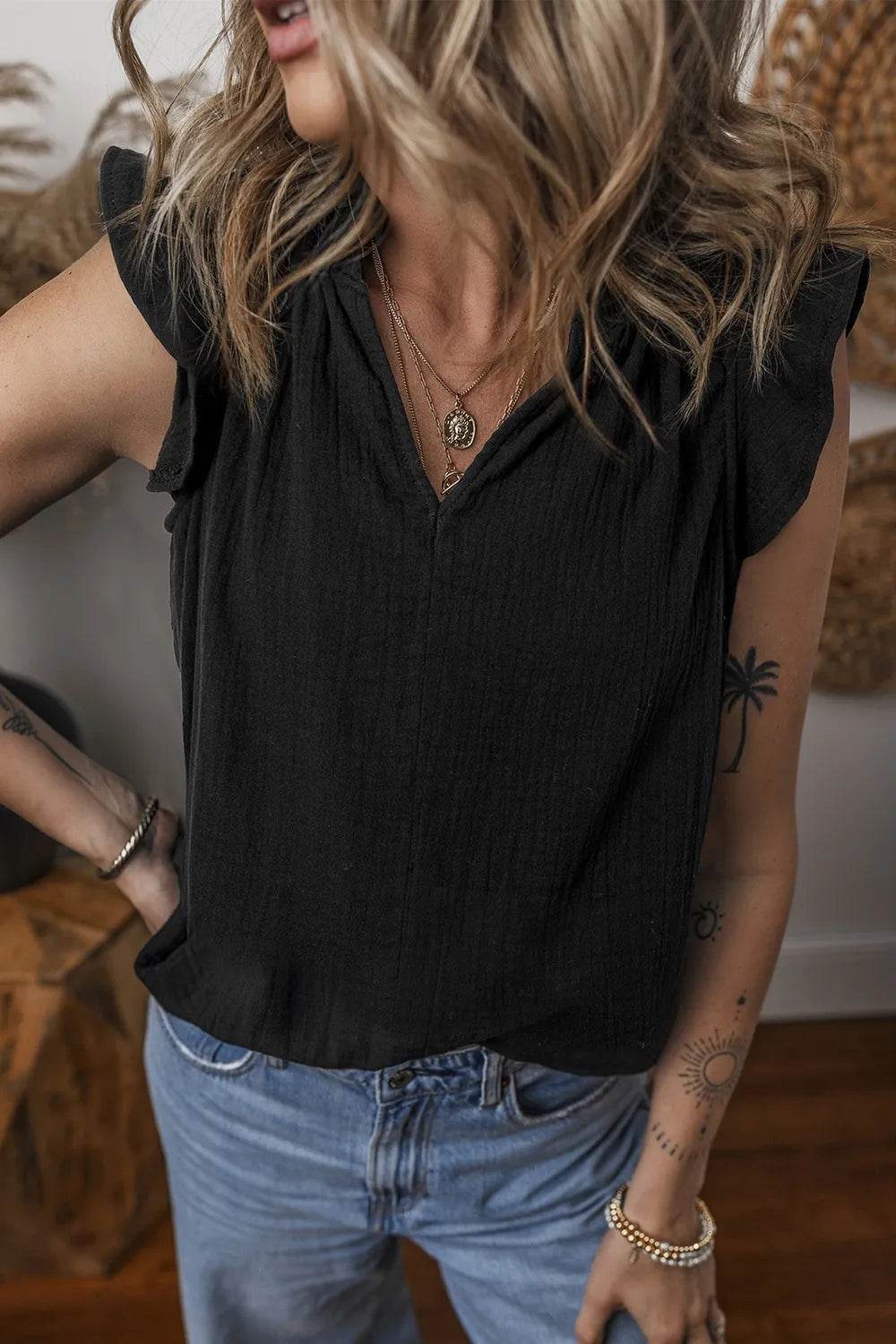 Ruffled Shoulder Notched Shift Tank Top - UnLaced Boutique