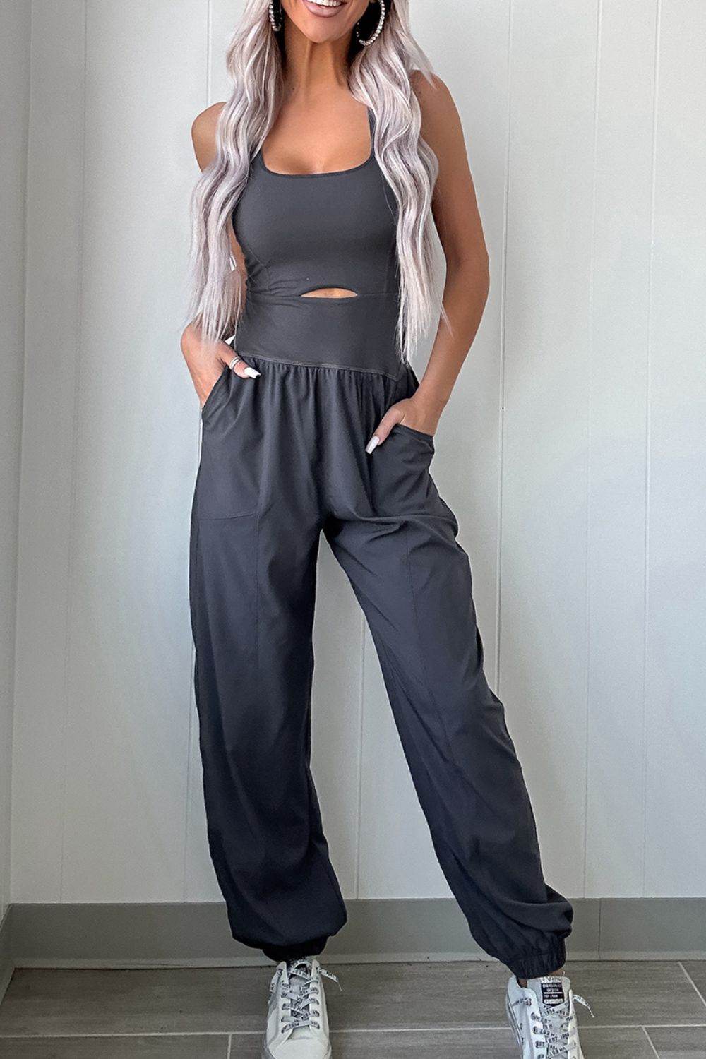 Cutout Square Neck Wide Strap Active Jumpsuit - UnLaced Boutique